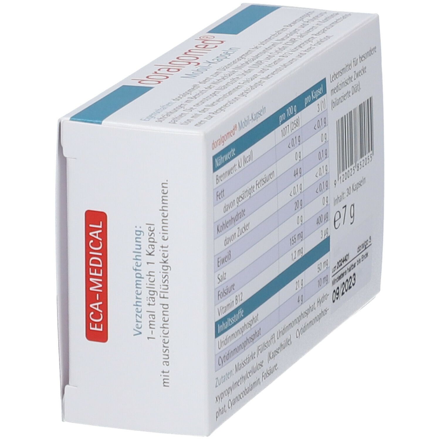 Schachtel "doralgomed Mobil-Kapseln" in Schrägansicht. Rückseite mit Nährwertangaben, Inhaltsstoffen, Barcode und MHD.