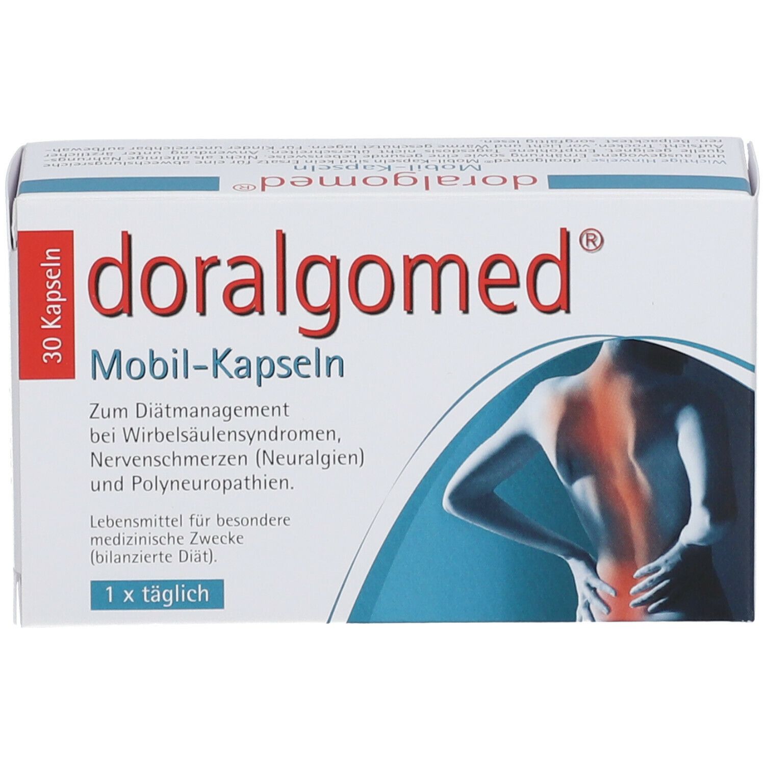 Weiße Schachtel "doralgomed Mobil-Kapseln". Aufdruck: 30 Kapseln, Abbildung eines Rückens mit Schmerzpunkten.