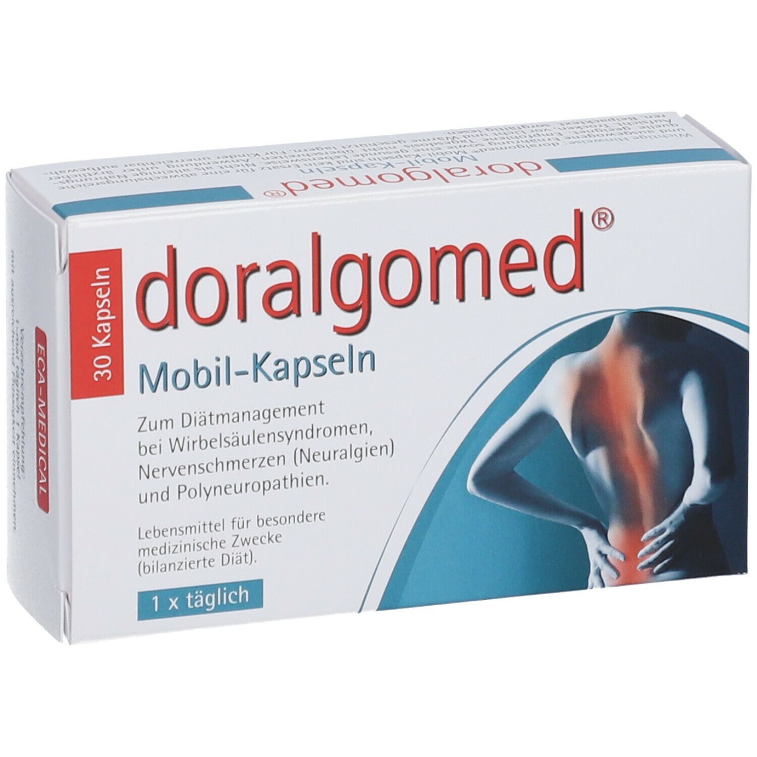 Weiße Schachtel "doralgomed Mobil-Kapseln". Aufdruck: 30 Kapseln, Abbildung eines Rückens mit Schmerzpunkten.