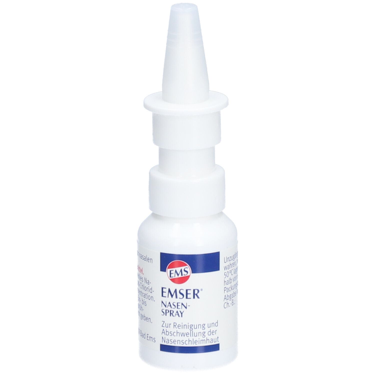 Weiße Nasenspray-Flasche mit Sprühkopf. Aufschrift: EMSER Nasen-Spray.