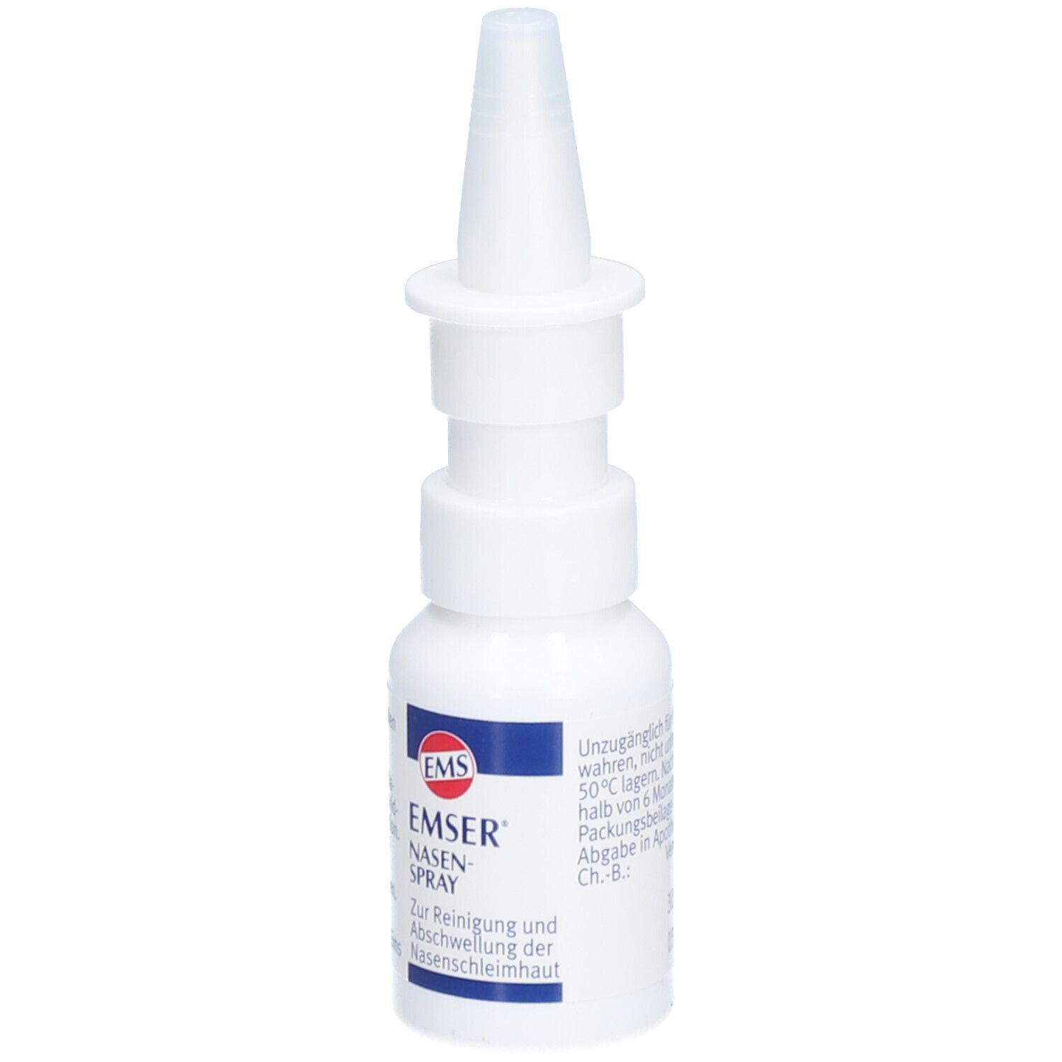 Weiße Nasenspray-Flasche mit Sprühkopf. Aufschrift: EMSER Nasen-Spray.