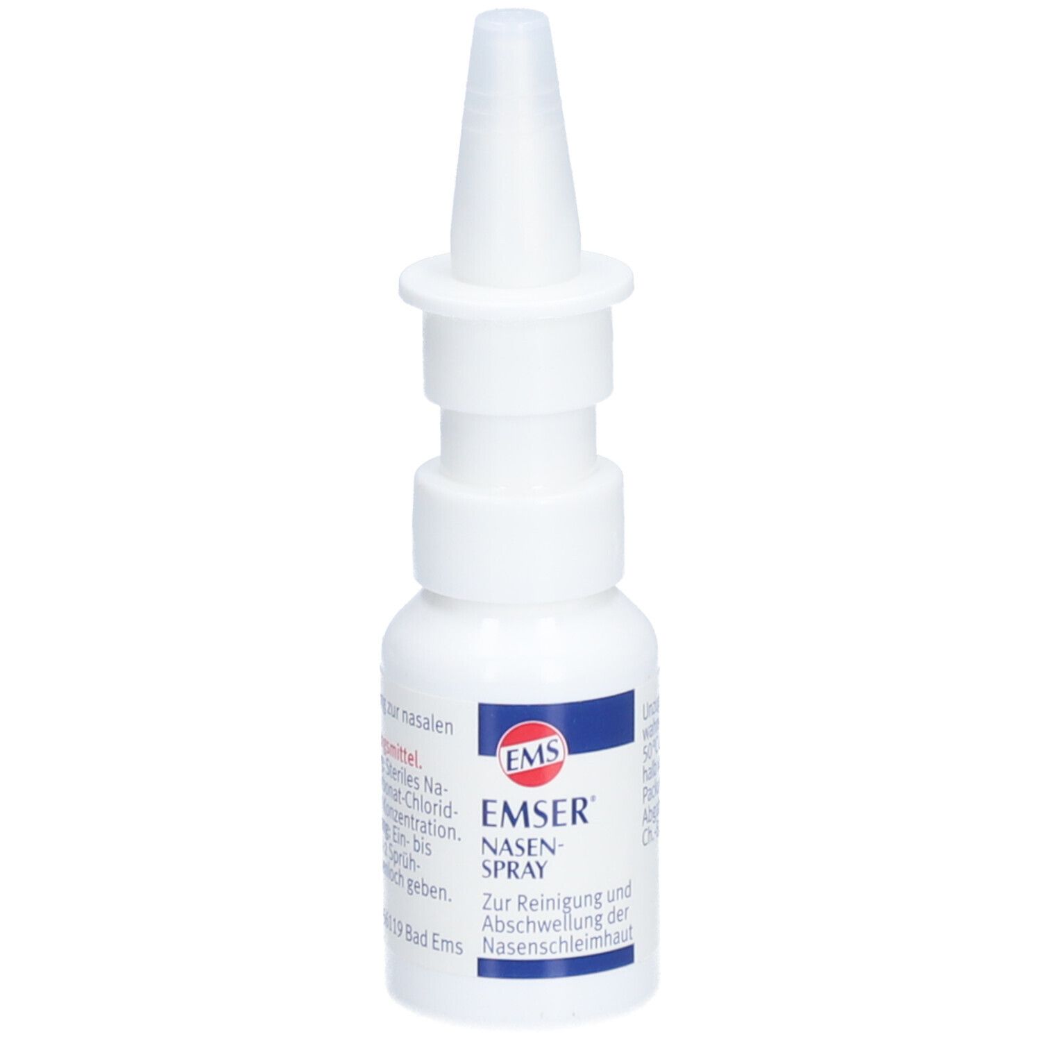 Weiße Nasenspray-Flasche mit Sprühkopf. Aufschrift: EMSER Nasen-Spray.