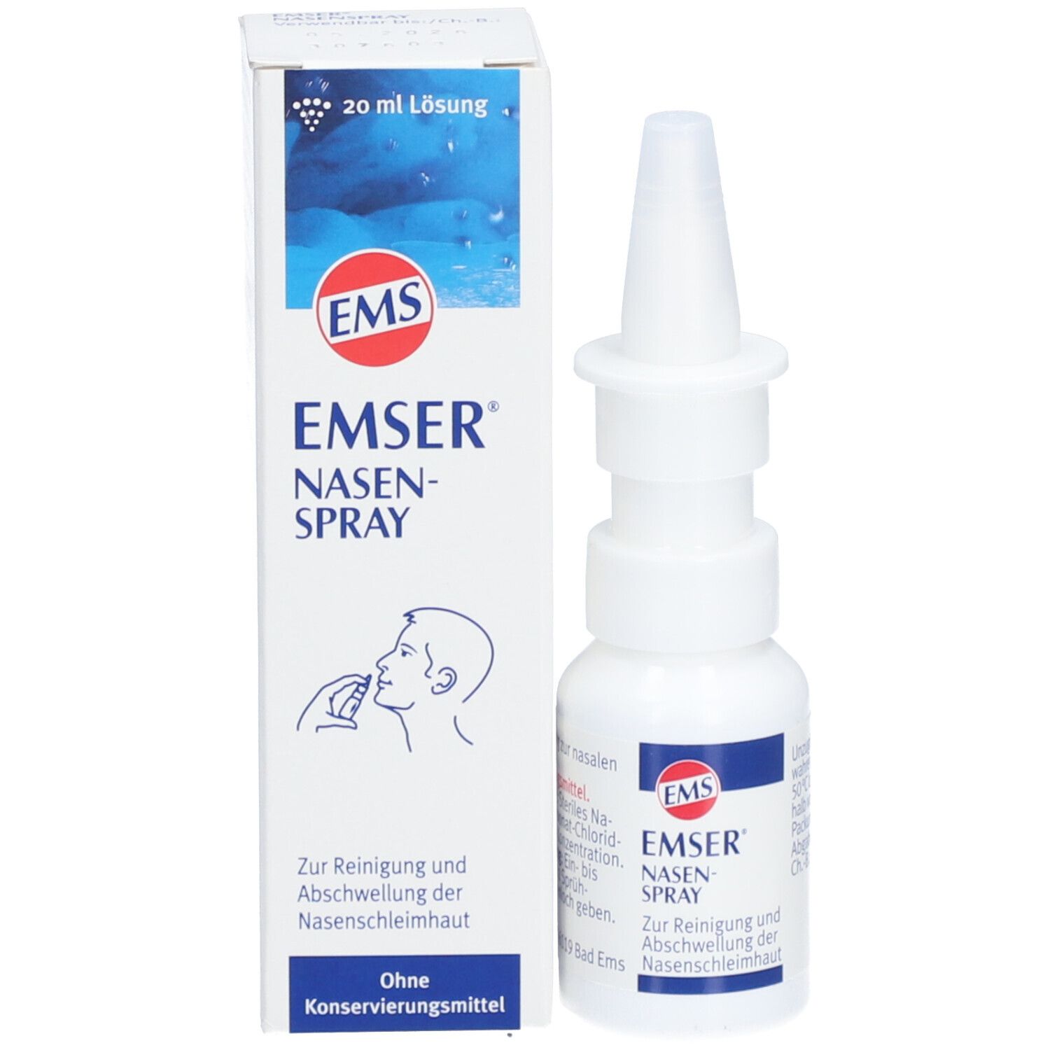 Nasenspray-Flasche und Verpackung. Aufschrift: EMSER Nasen-Spray. Verpackung mit Illustration.