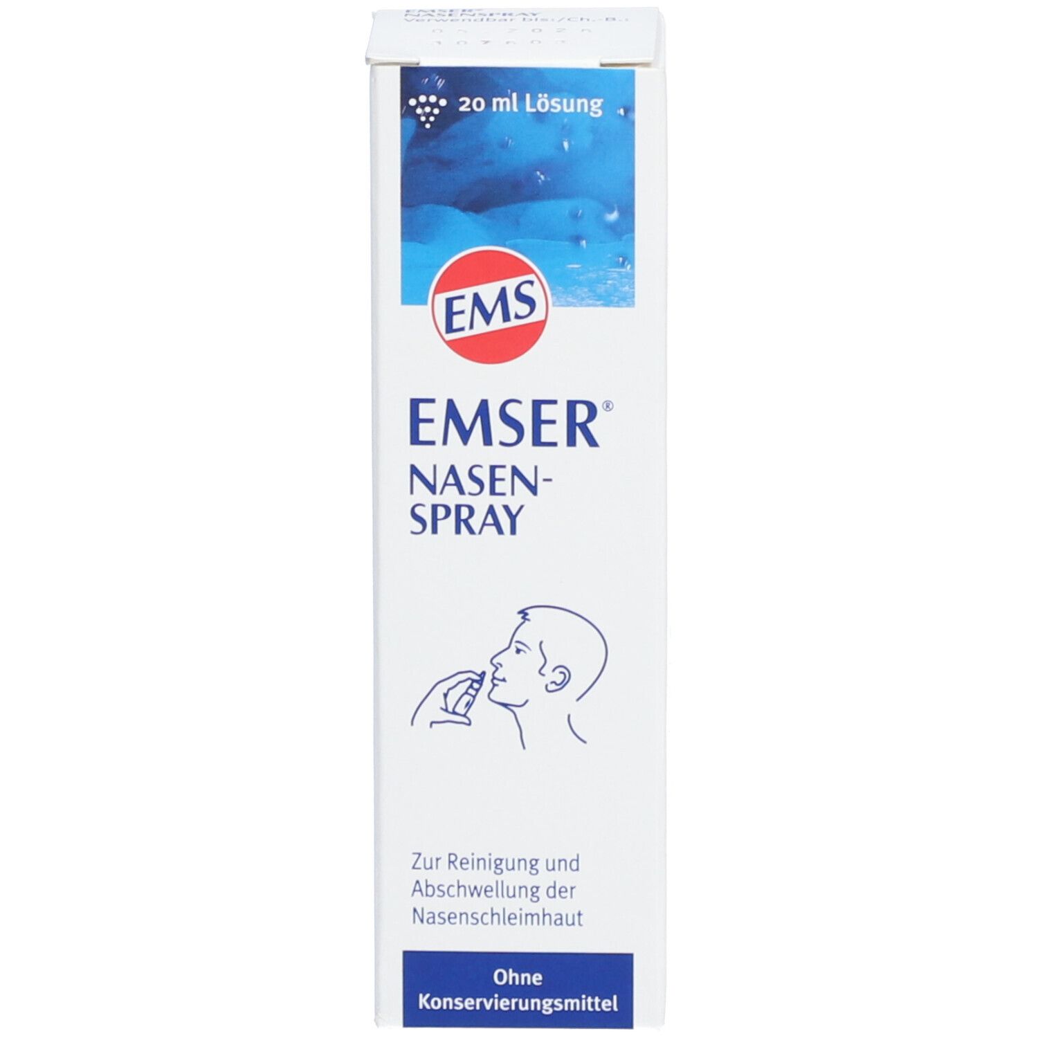 Verpackung für Nasenspray. Aufschrift: EMSER Nasen-Spray. Illustration einer Person.