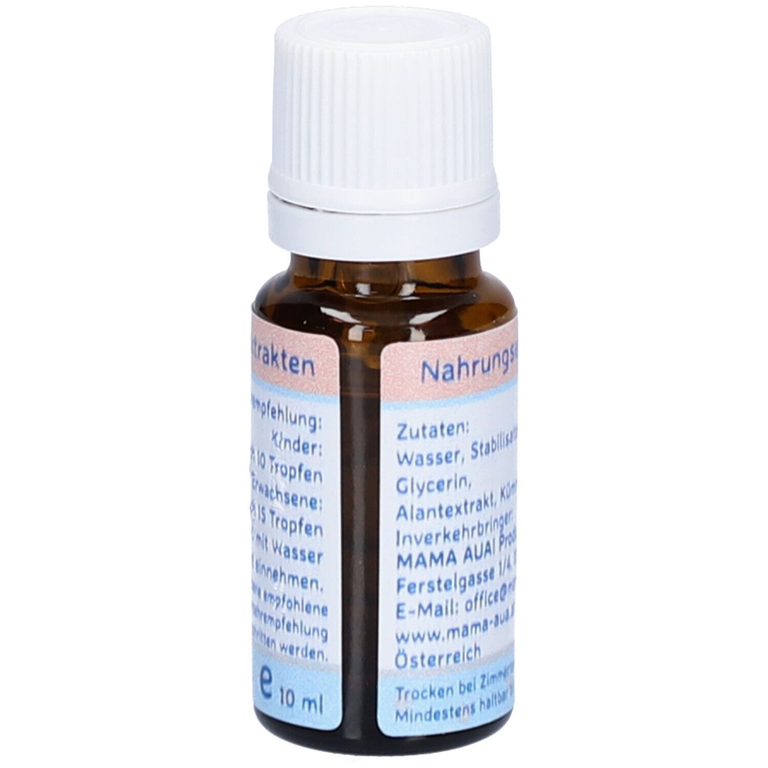Braune Glasflasche mit weißem Deckel. Etikett mit Zutaten und Dosierungsempfehlung. Mama Aua! Bauch, 10 ml.