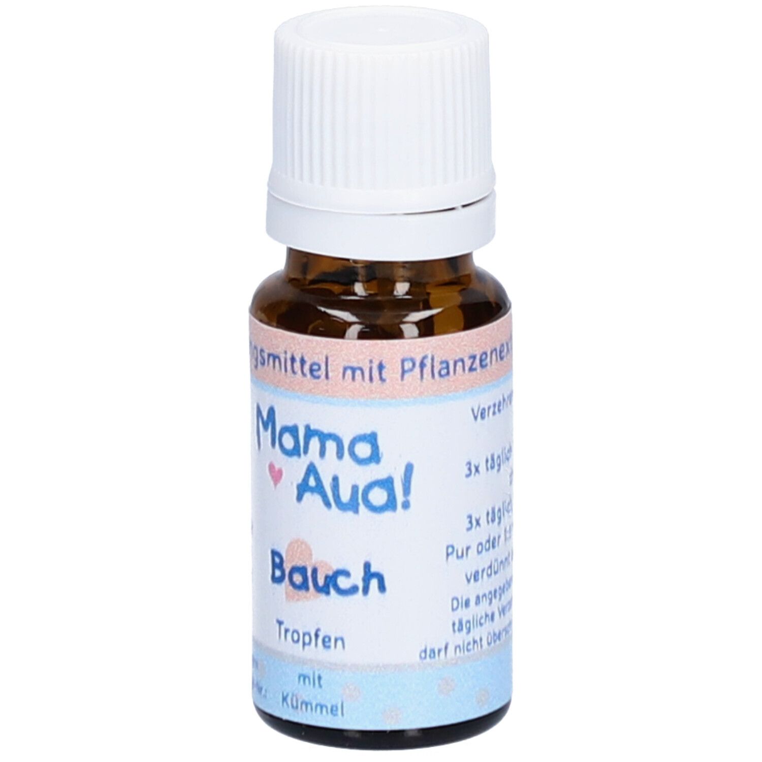 Braune Glasflasche mit weißem Deckel. Etikett mit Produktnamen Mama Aua! Bauch, Tropfen mit Kümmel.