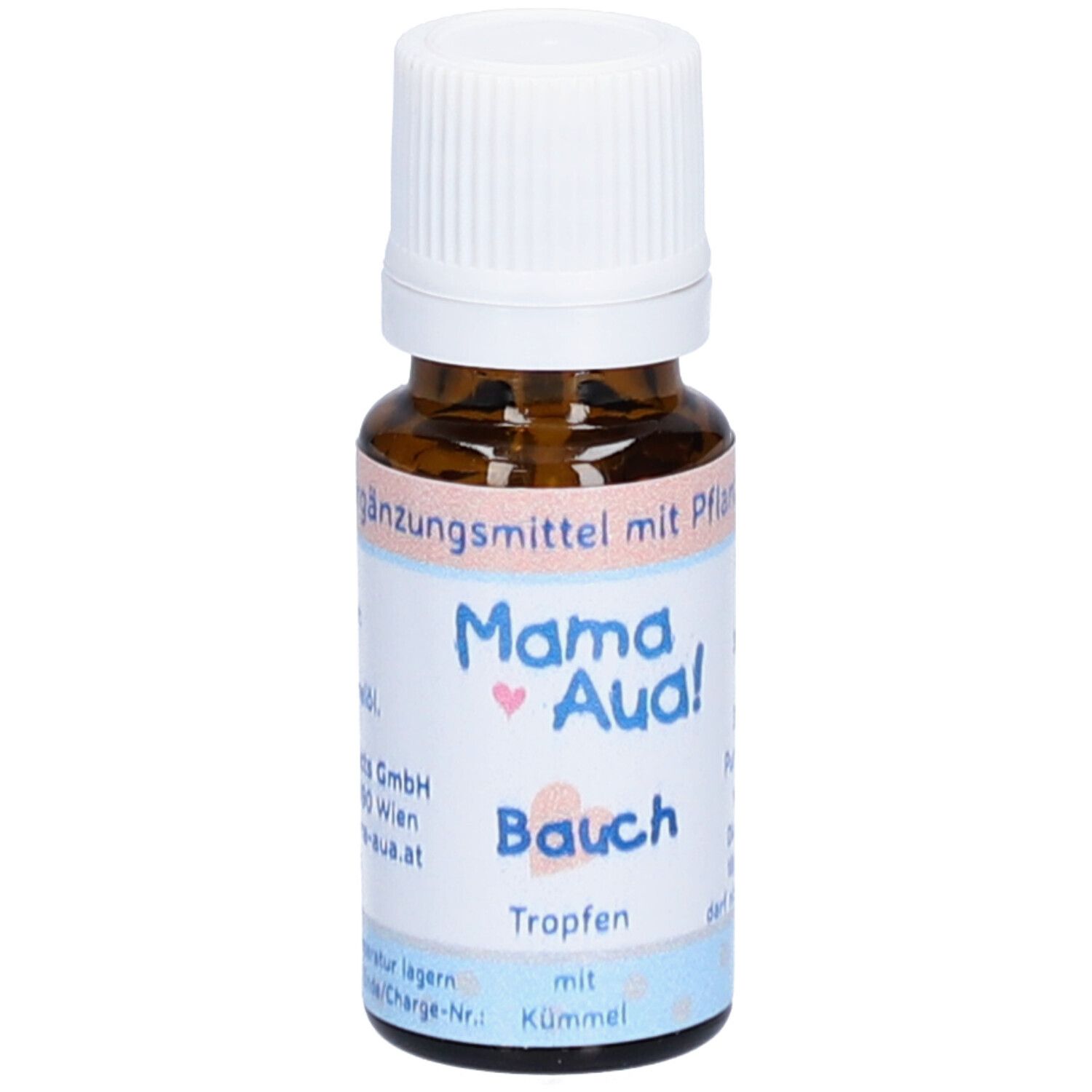 Braune Glasflasche mit weißem Deckel. Etikett mit Produktnamen Mama Aua! Bauch, Tropfen mit Kümmel.