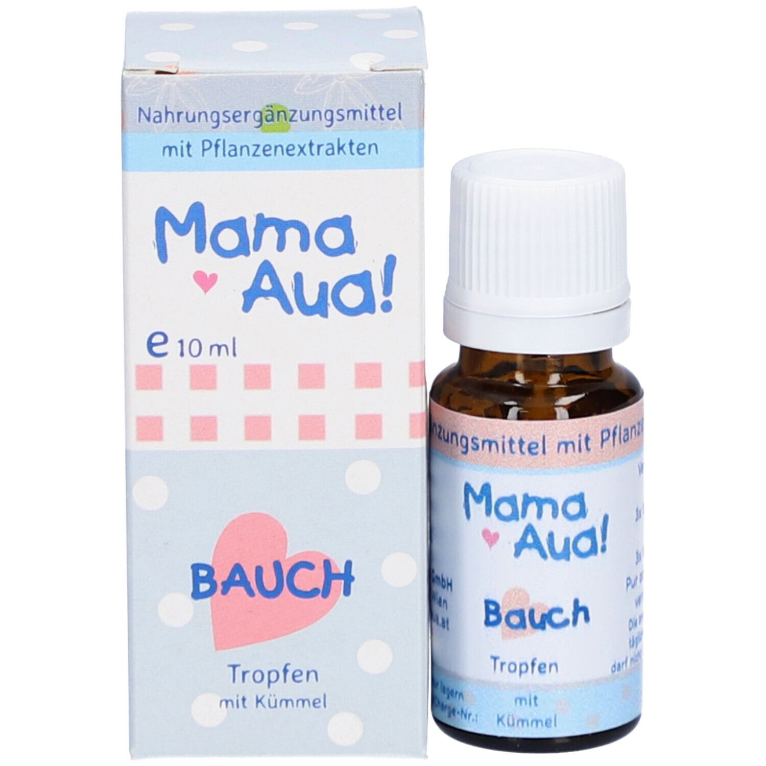 Produktflasche und Verpackung. Flasche: braun, weißer Deckel. Verpackung: weiß, blau, Produktname Mama Aua! Bauch.