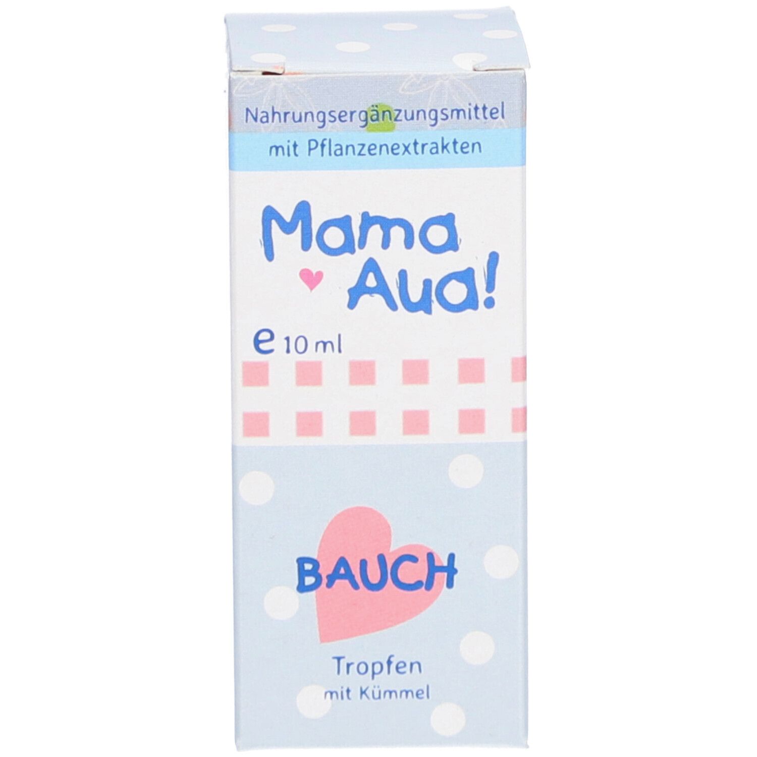 Verpackung für Mama Aua! Bauch. Weiß mit blauen Punkten und Produktnamen. 10 ml.