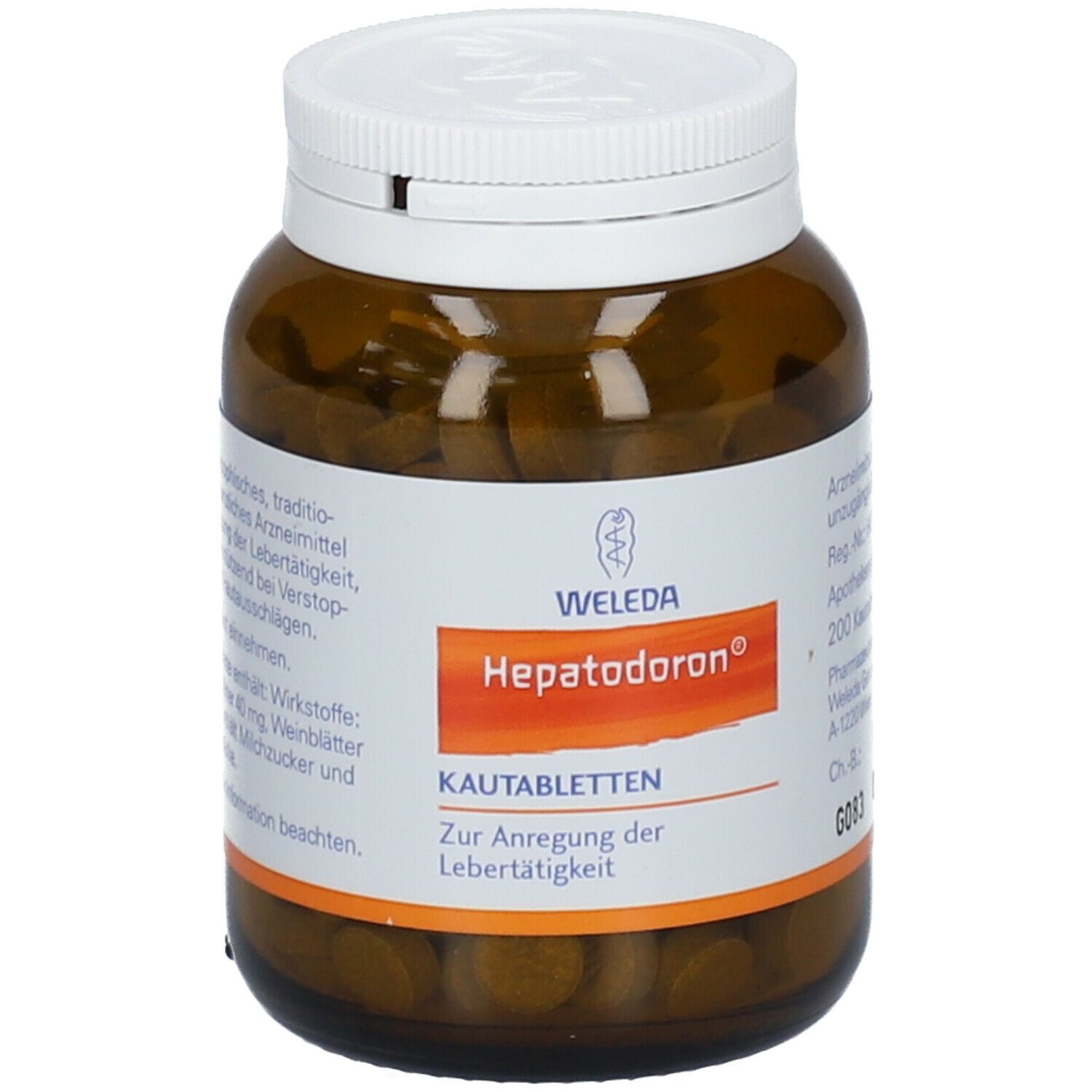 Braune Glasflasche mit Tabletten. Aufkleber mit Produktnamen WELEDA Hepatodoron® und Text. Weißer Deckel.