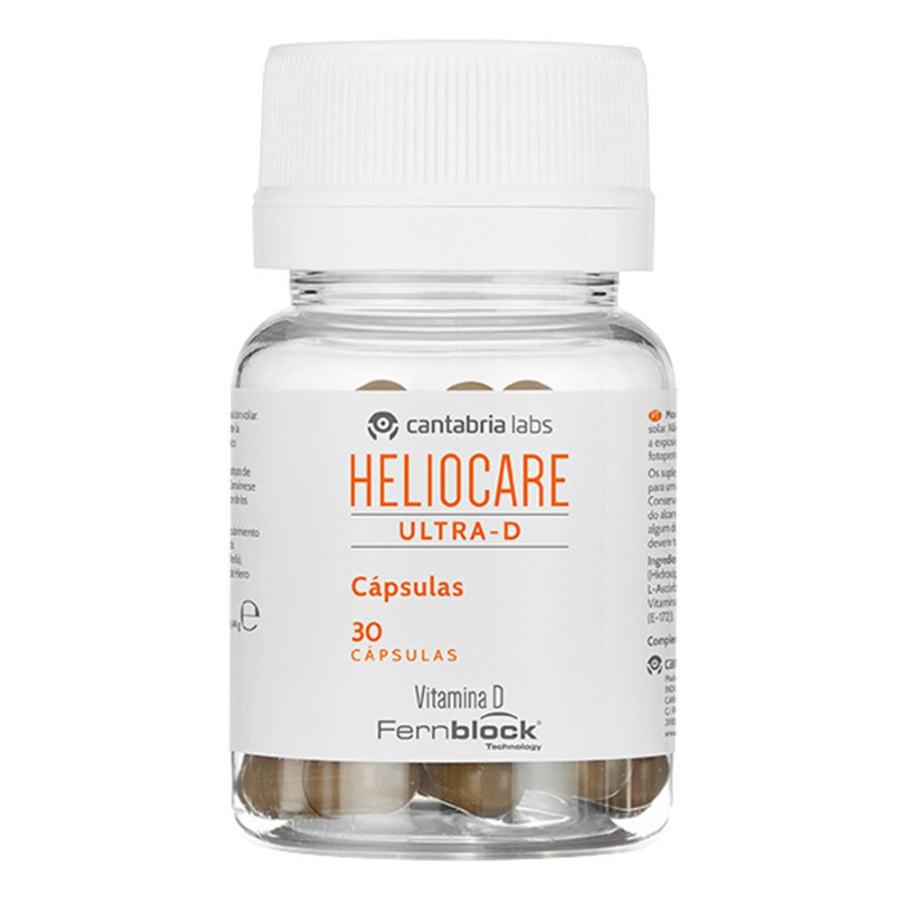 Klare Flasche mit weißen Deckel. Enthält braune Kapseln. Aufschrift: HELIOCARE Ultra-D, 30 Kapseln. Marke: Cantabria Labs.
