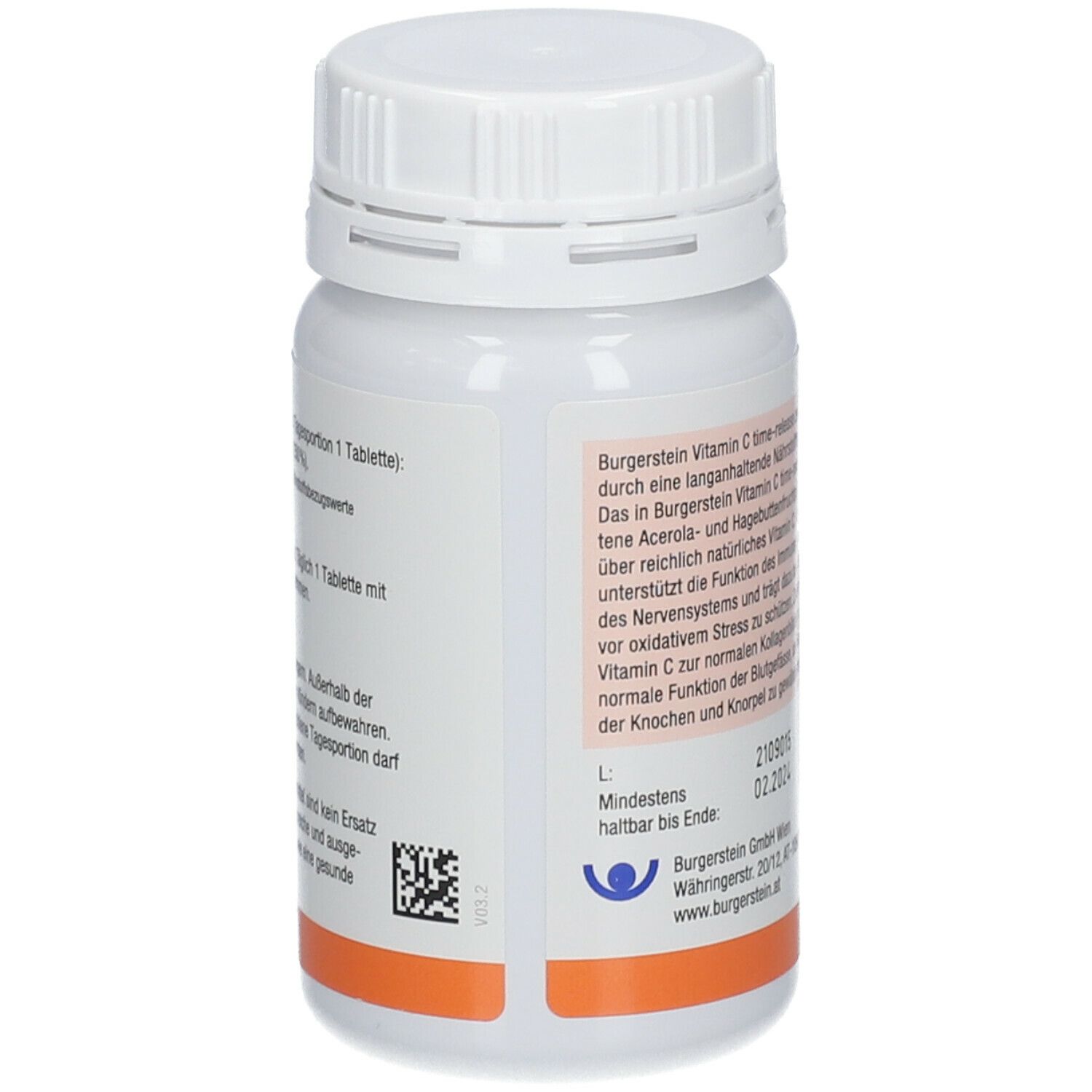 Rückseite der weißen Flasche Burgerstein Vitamin C 1000mg time-release. Text und QR-Code. Orangefarbener Streifen.