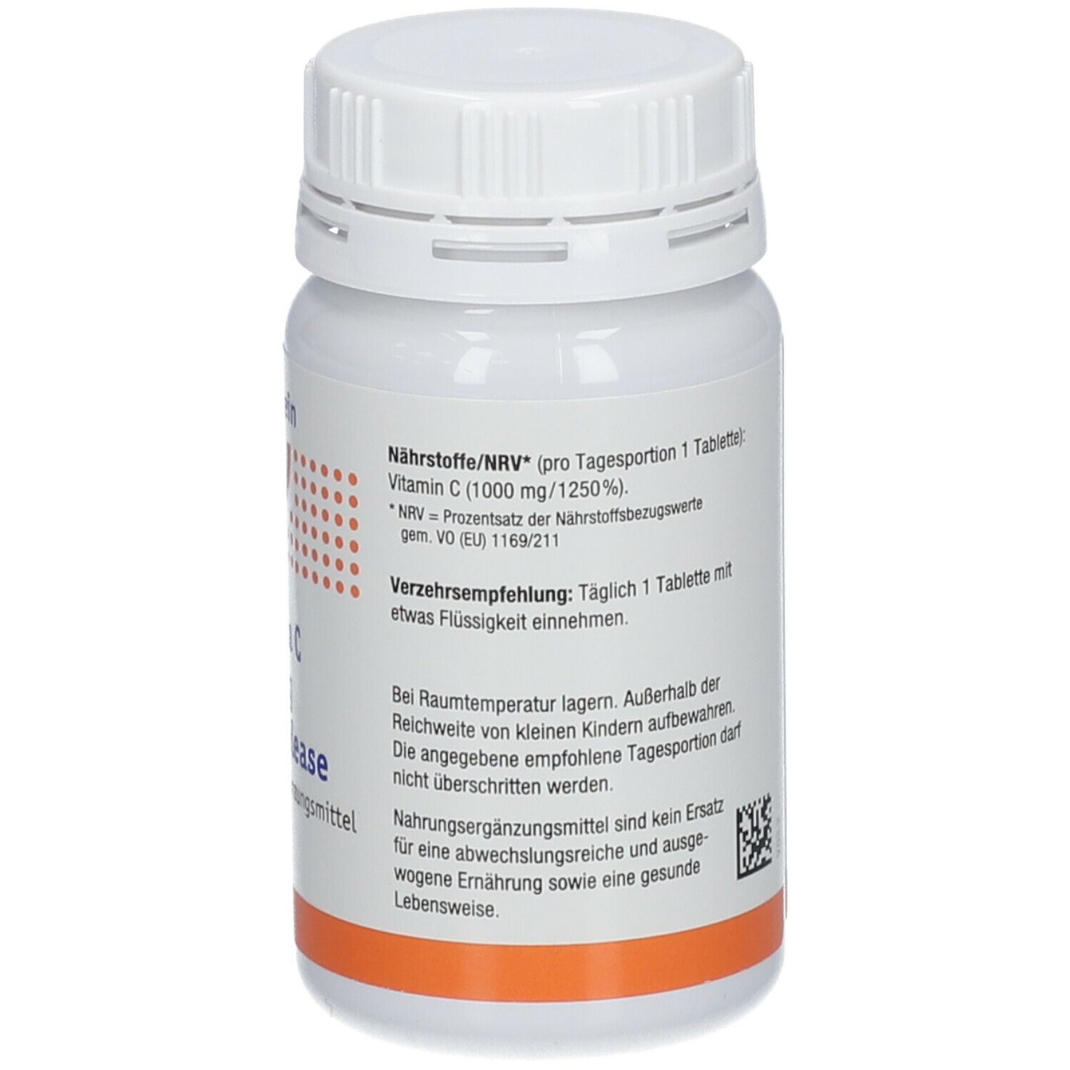 Rückseite der weißen Flasche Burgerstein Vitamin C 1000mg time-release. Text mit Nährwertangaben. Orangefarbener Streifen.
