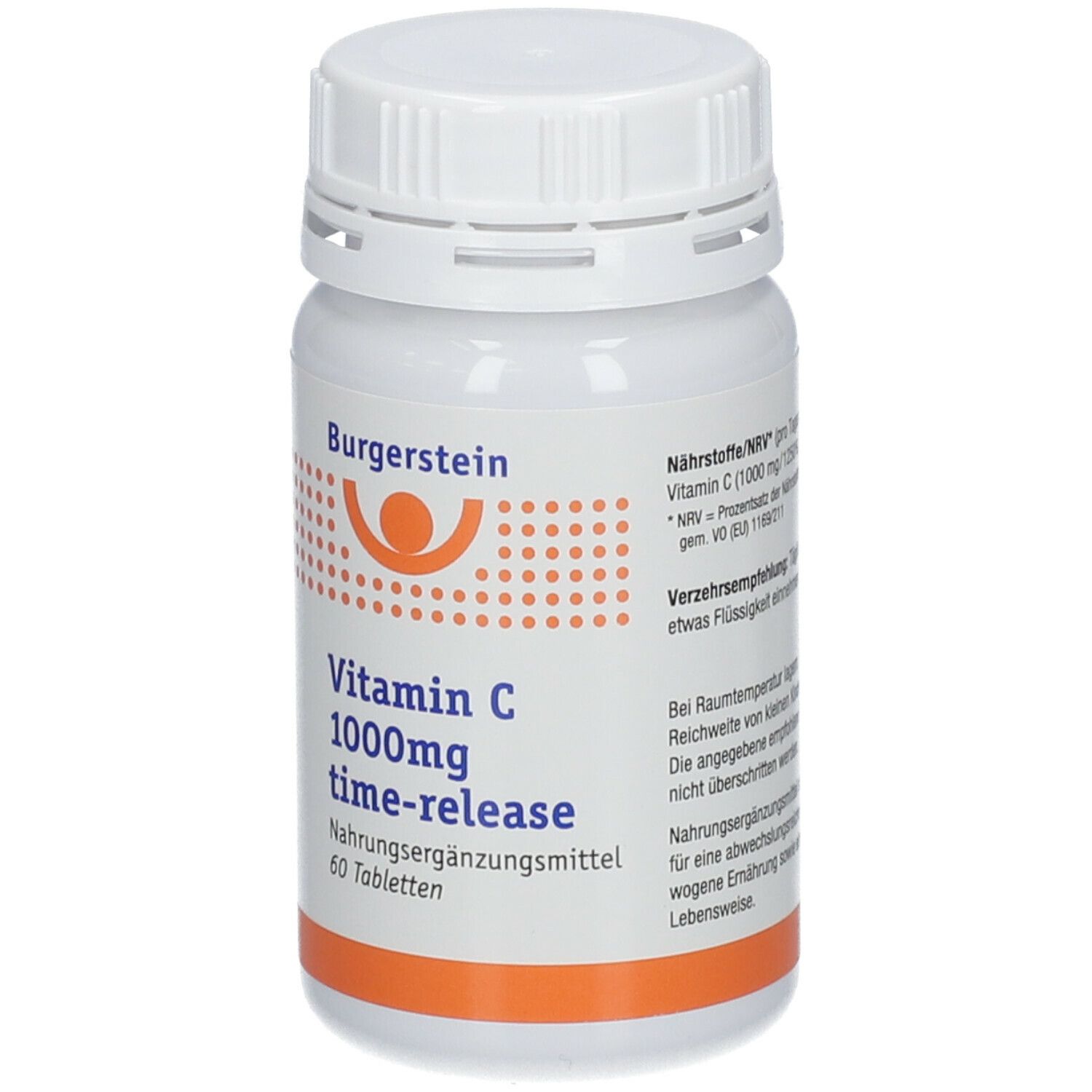 Weiße Flasche Burgerstein Vitamin C 1000mg time-release. 60 Tabletten. Orangefarbener Streifen unten. Aufschrift.