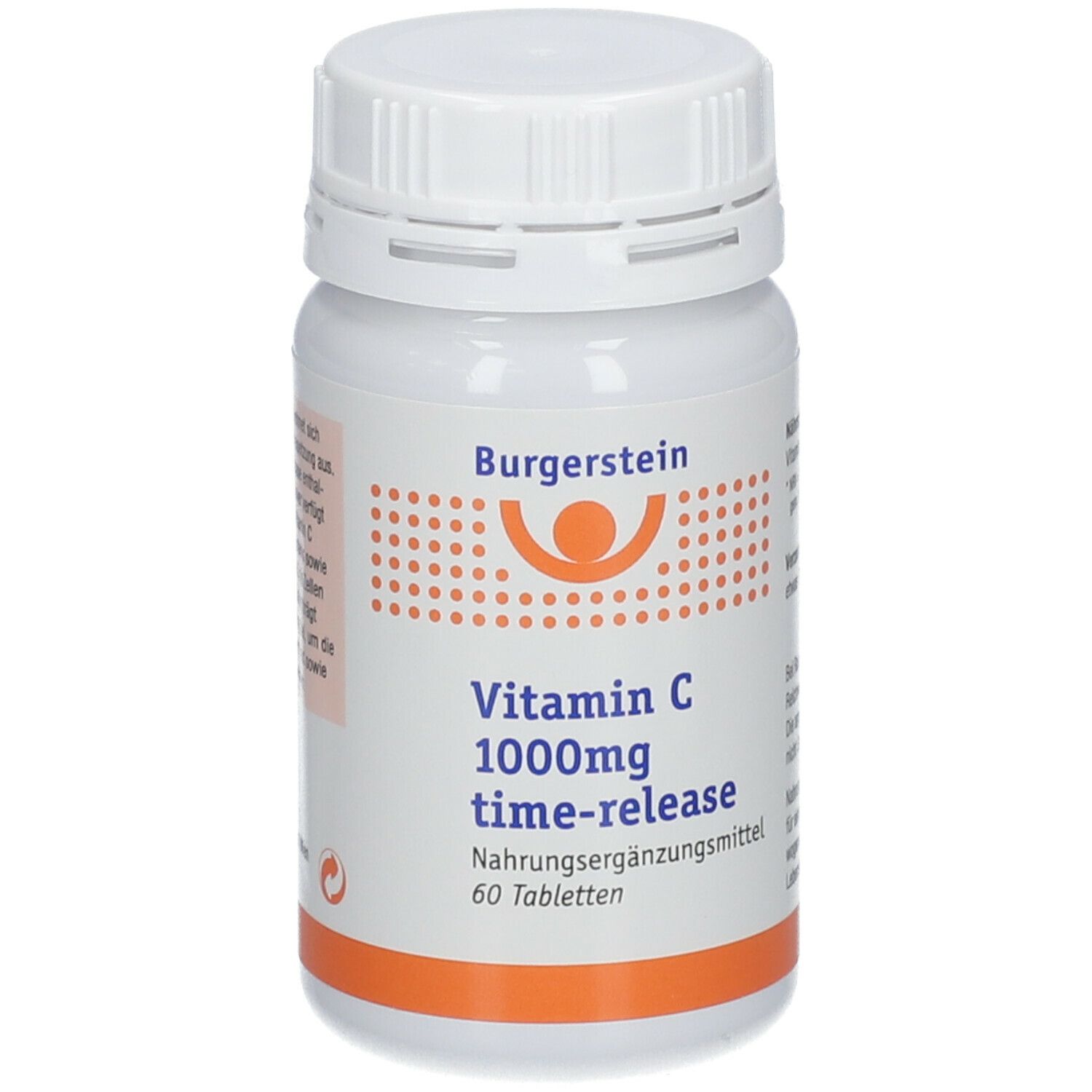 Weiße Flasche Burgerstein Vitamin C 1000mg time-release. 60 Tabletten. Orangefarbener Streifen unten. Aufschrift.