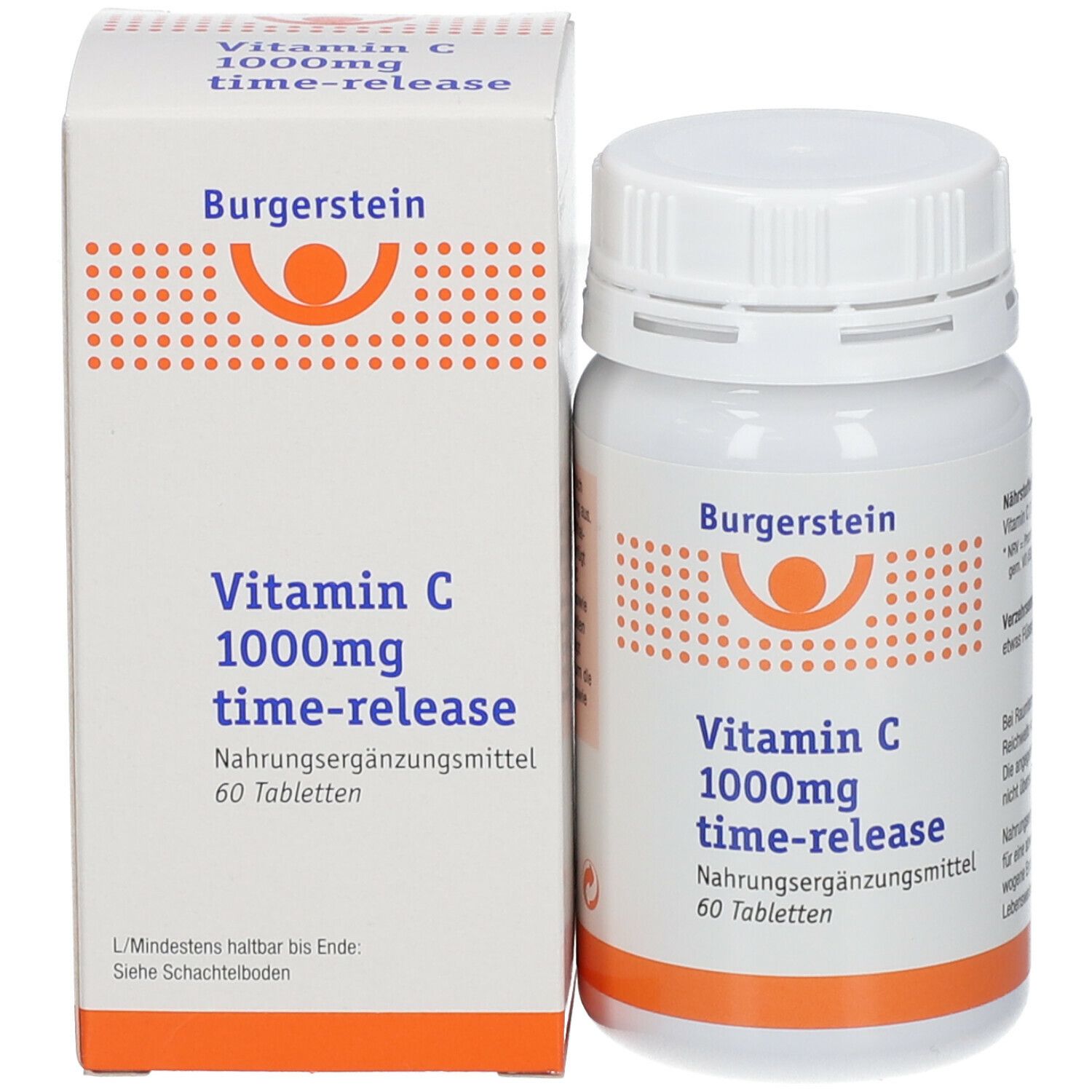 Burgerstein Vitamin C 1000mg time-release Flasche und Schachtel. 60 Tabletten. Orangefarbene Akzente. Aufschrift.