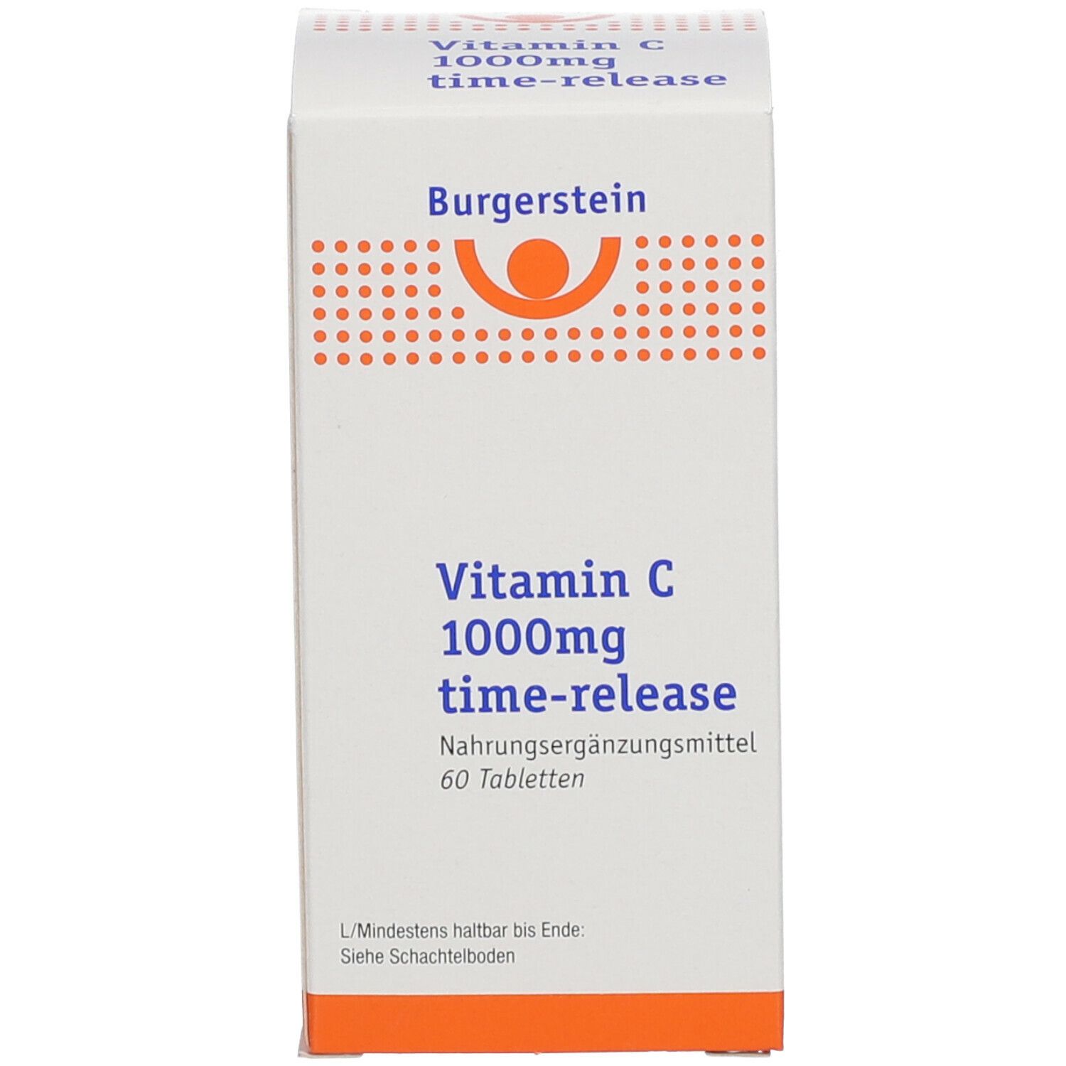 Schachtel Burgerstein Vitamin C 1000mg time-release. 60 Tabletten. Orangefarbene Akzente. Aufschrift.