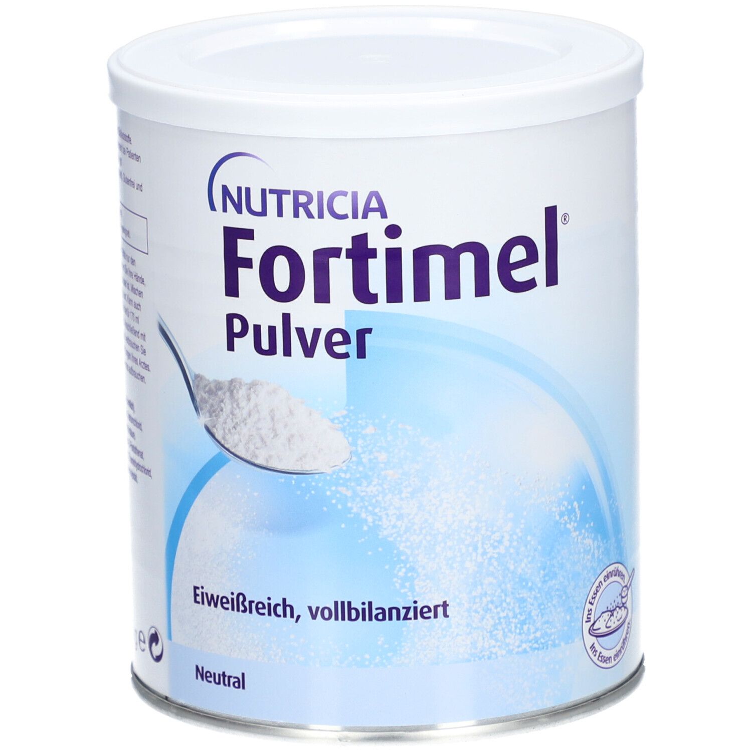 Weiße Dose mit Fortimel Pulver. Aufschrift: Nutricia, Fortimel Pulver, Eiweißreich, vollbilanziert, Neutral. Löffel mit Pulver.