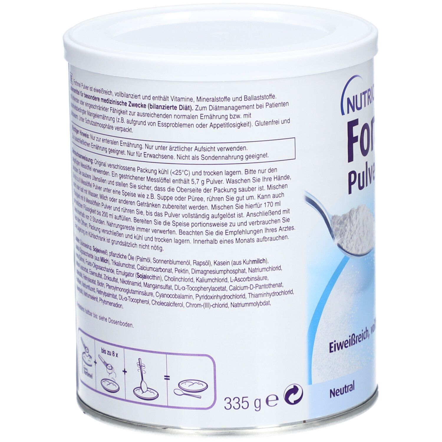 Weiße Dose Fortimel Pulver. Rückseite mit Text, Inhaltsstoffen und Zubereitungshinweisen. 335 g. Neutral.