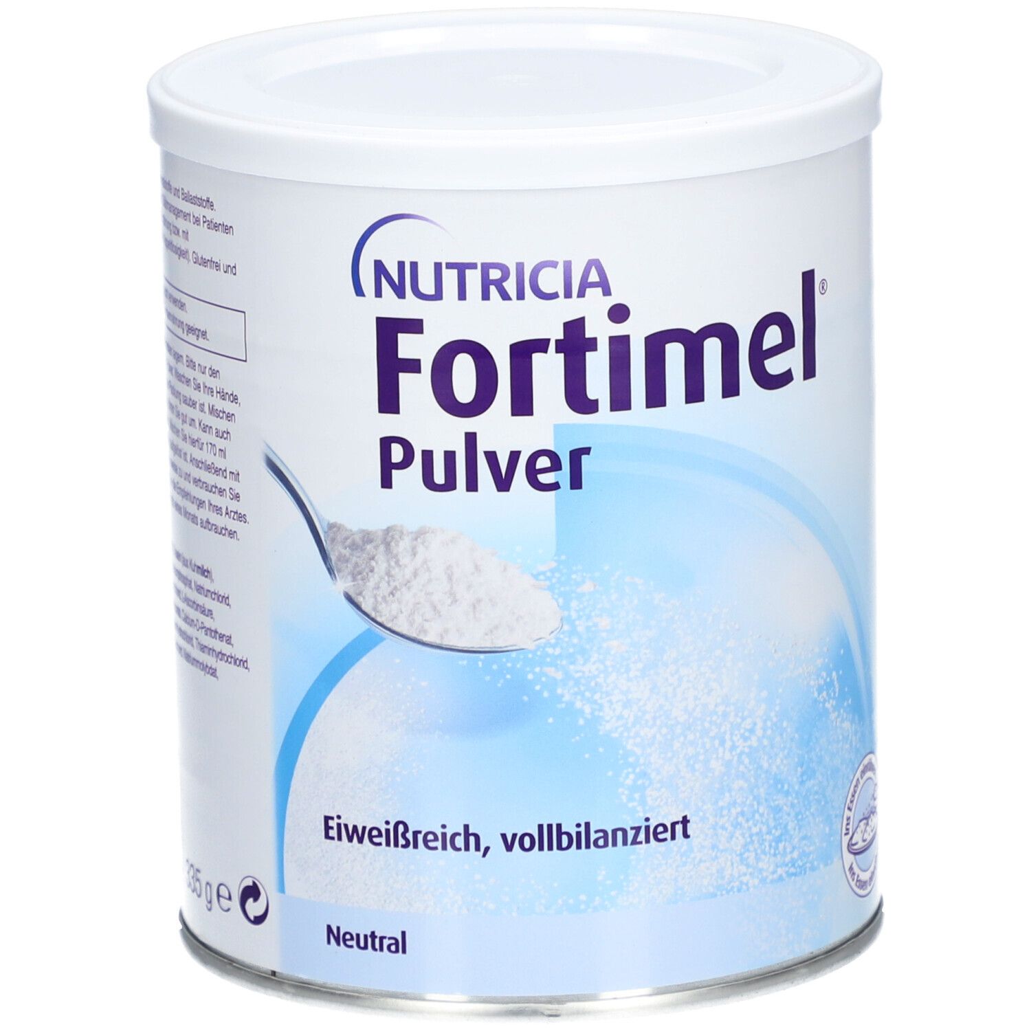 Weiße Dose mit Fortimel Pulver. Aufschrift: Nutricia, Fortimel Pulver, Eiweißreich, vollbilanziert, Neutral. Löffel mit Pulver.
