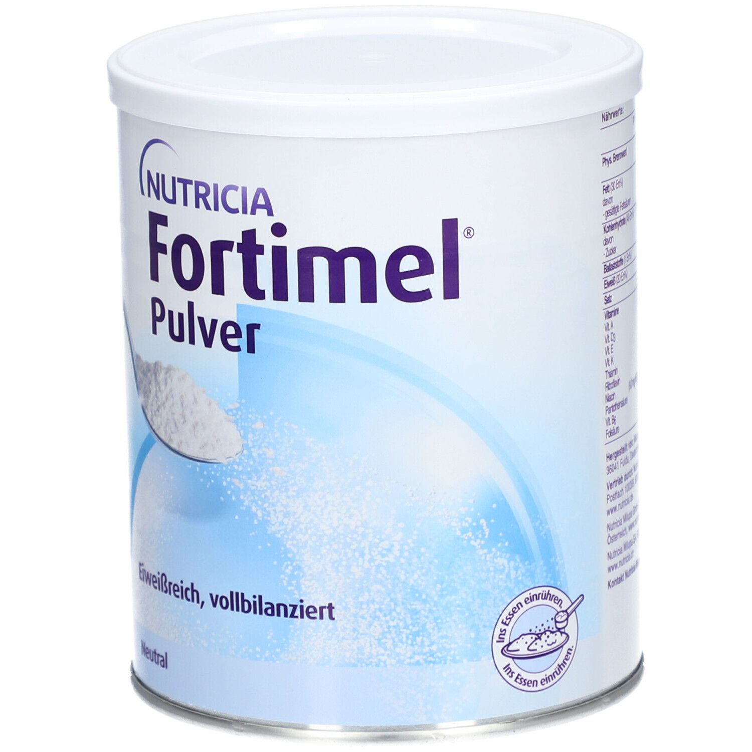 Weiße Dose mit Fortimel Pulver. Aufschrift: Nutricia, Fortimel Pulver, Eiweißreich, vollbilanziert, Neutral. Löffel mit Pulver.