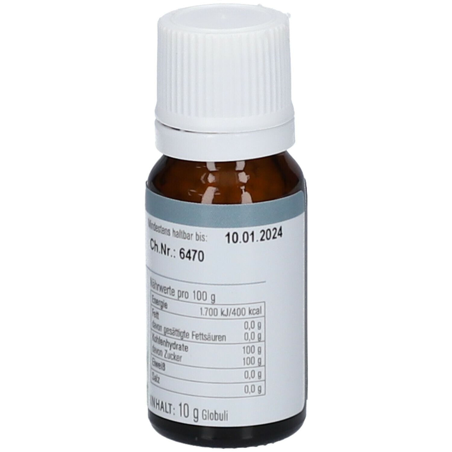 Braunglasflasche mit weißem Schraubverschluss. Etikett mit Nährwertangaben und Mindesthaltbarkeitsdatum.