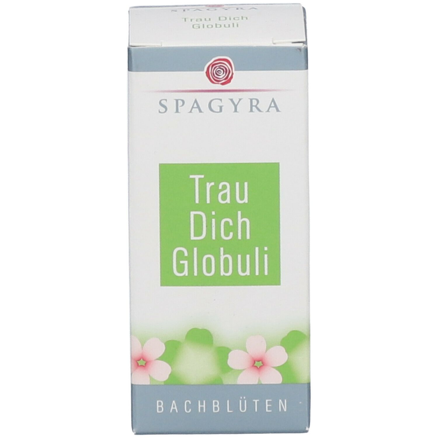Weiße Schachtel mit Produktnamen und Logo. Rosa Blüten-Design. Bachblüten-Logo.