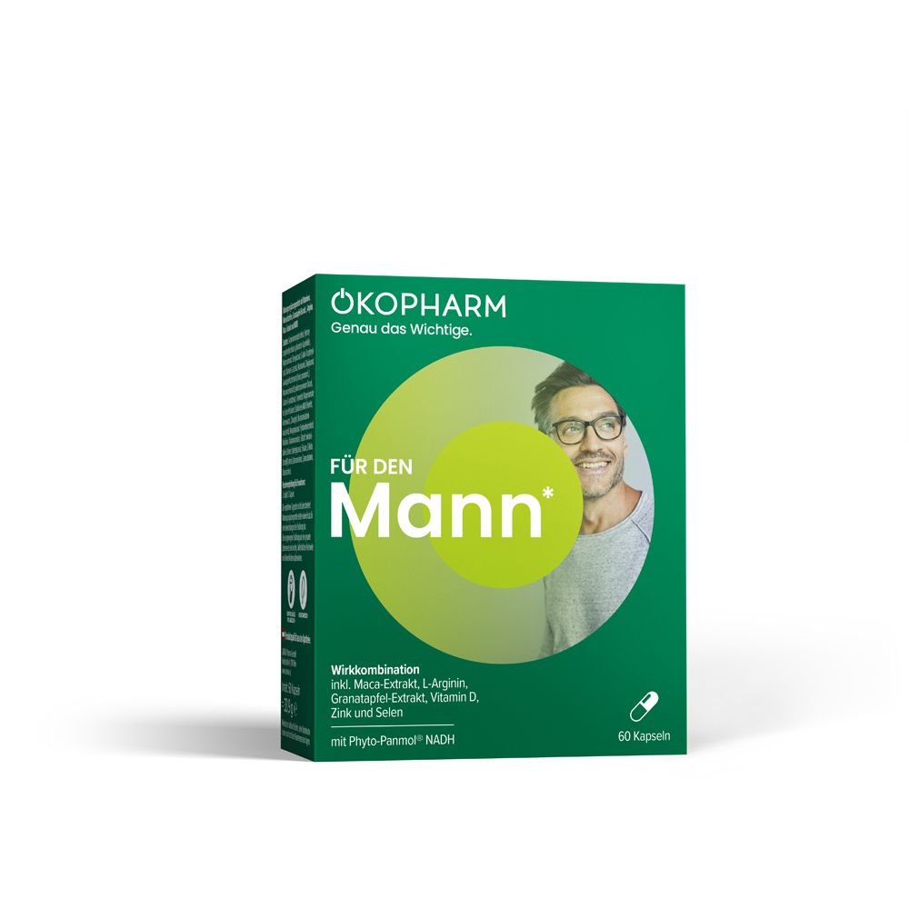 Grüne Schachtel mit Produktnamen und Logo. Enthält 60 Kapseln. Text: Für den Mann, Wirkkombination, ÖKOPHARM.