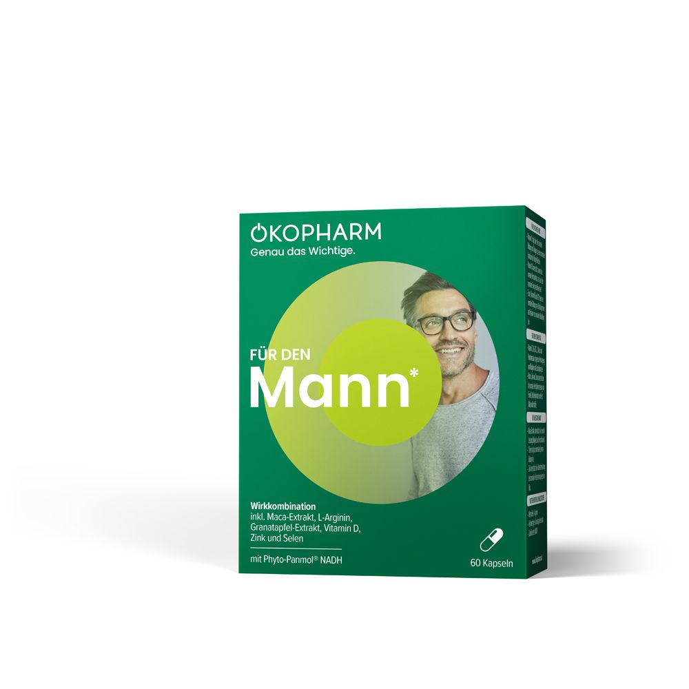 Grüne Schachtel mit Produktnamen und Logo. Enthält 60 Kapseln. Text: Für den Mann, Wirkkombination, ÖKOPHARM.