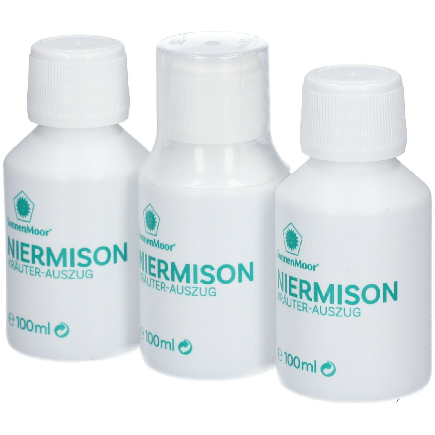 Drei weiße Flaschen mit Schraubverschluss. Aufschrift: NIERMISON Kräuter-Auszug, SonnenMoor Logo. E 100ml.