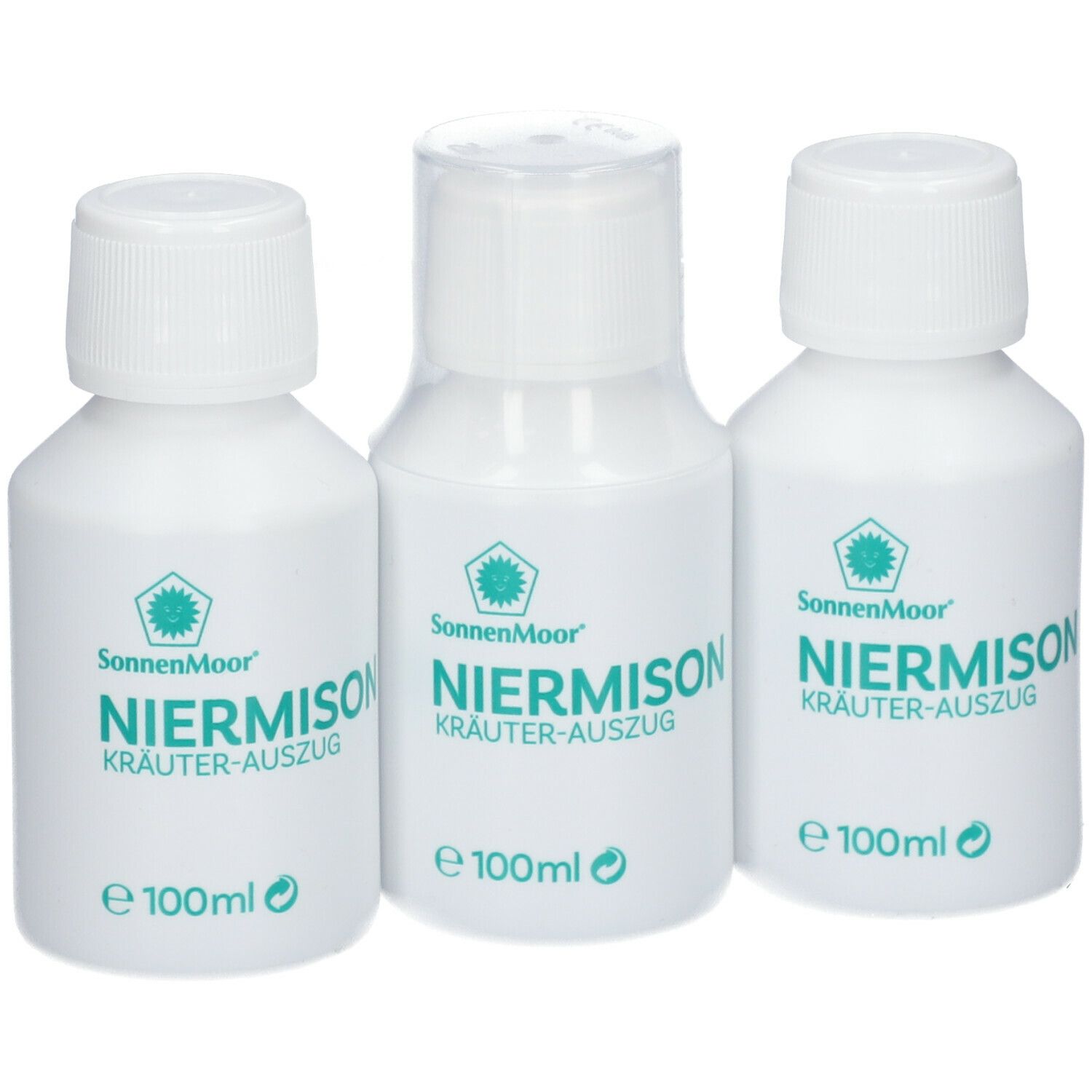 Drei weiße Flaschen mit Schraubverschluss. Aufschrift: NIERMISON Kräuter-Auszug, SonnenMoor Logo. E 100ml.