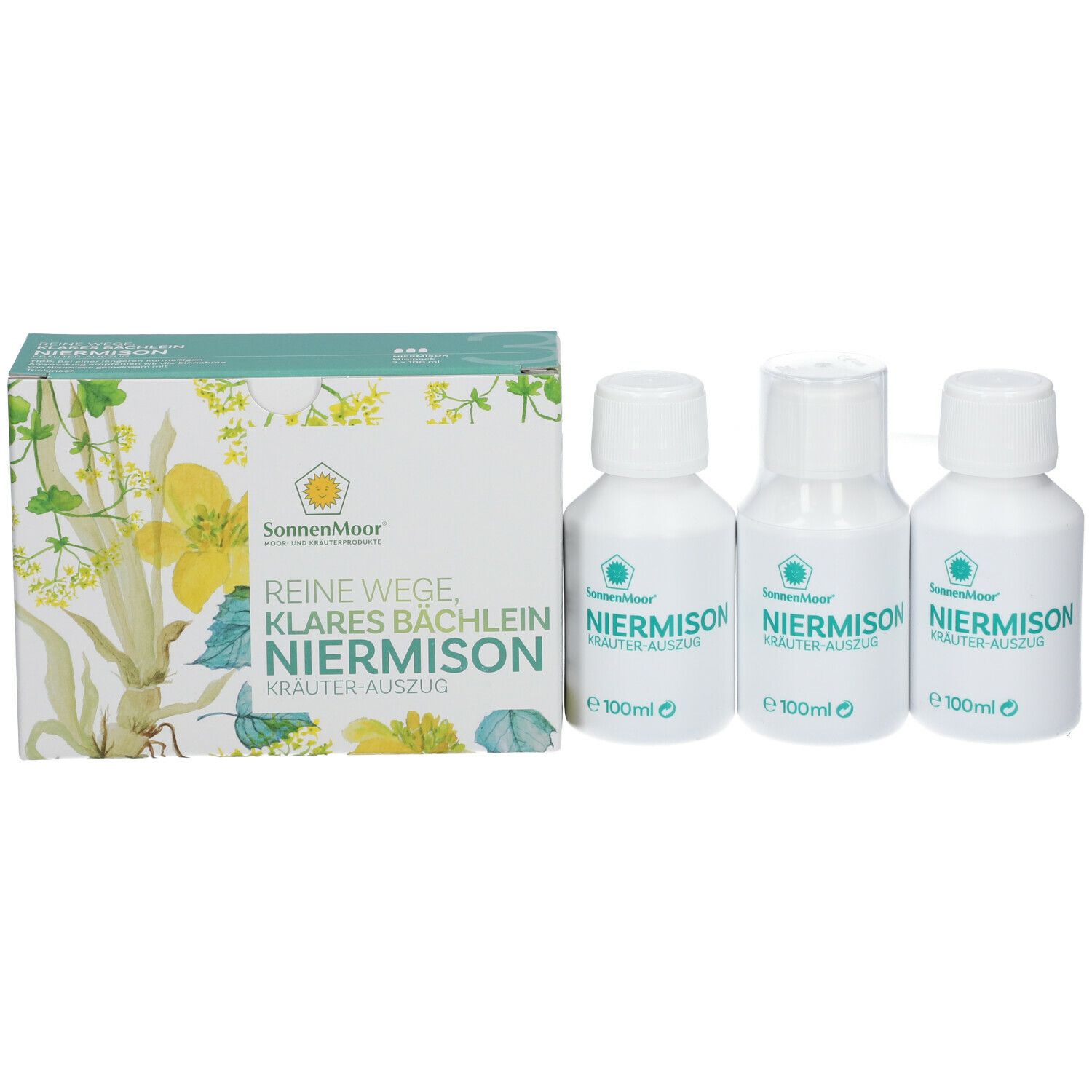 Produktverpackung mit drei Flaschen. Aufschrift: REINE WEGE KLARES BÄCHLEIN NIERMISON Kräuter-Auszug, SonnenMoor Logo. E 100ml.