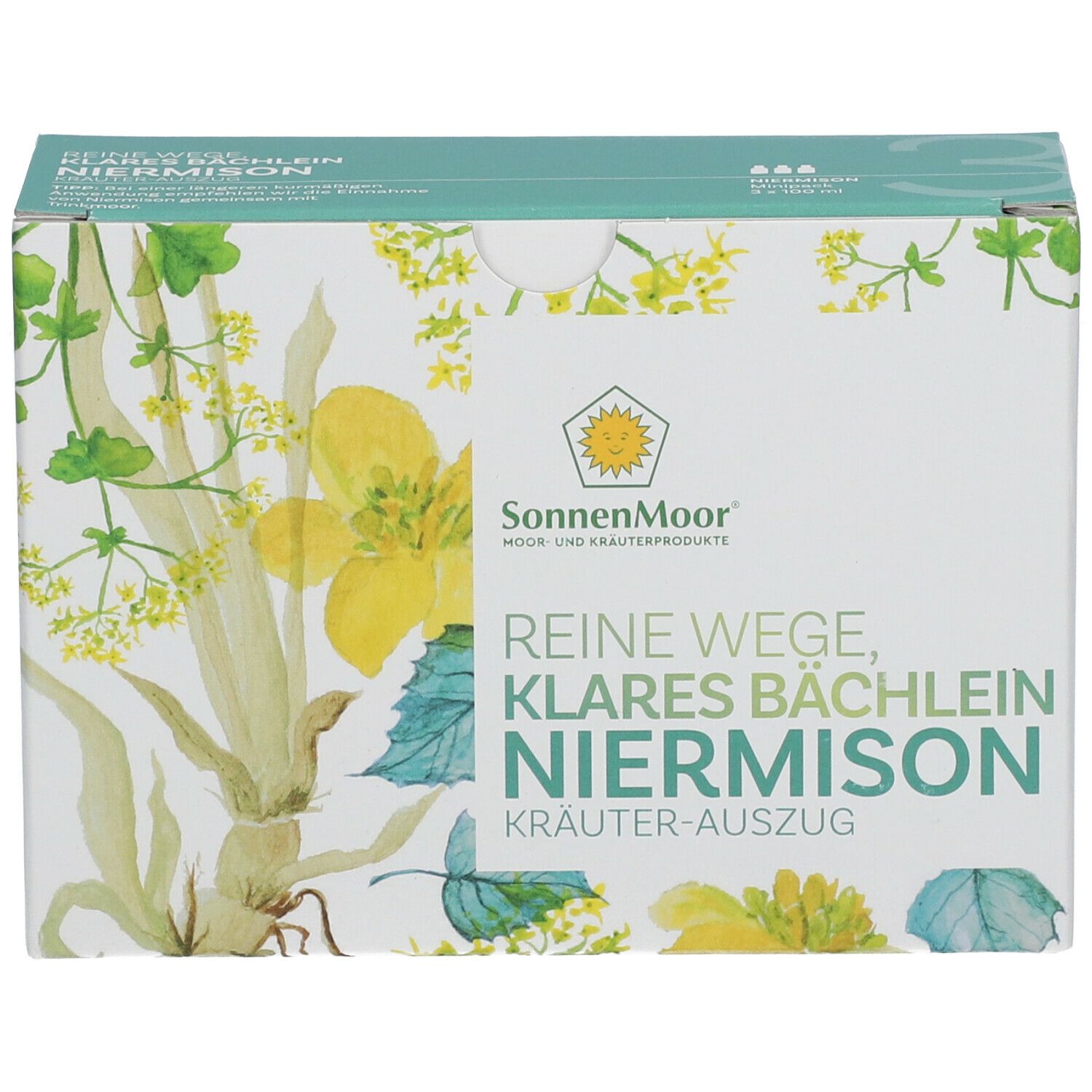 Produktverpackung mit floralem Design. Aufschrift: REINE WEGE KLARES BÄCHLEIN NIERMISON Kräuter-Auszug, SonnenMoor Logo.