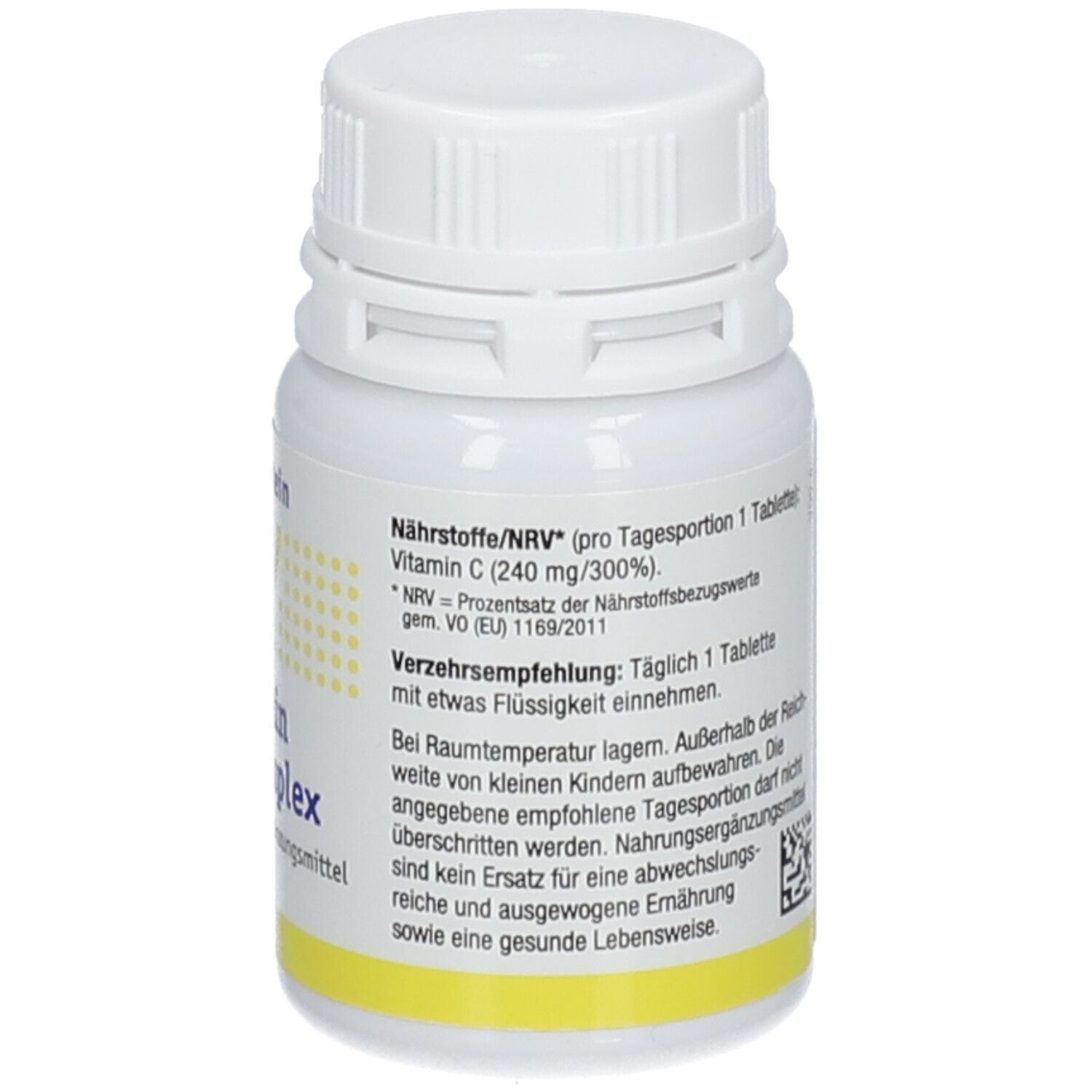 Weiße Flasche mit Schraubverschluss. Aufkleber mit Text und gelbem Streifen. Enthält Informationen über Nährwerte.