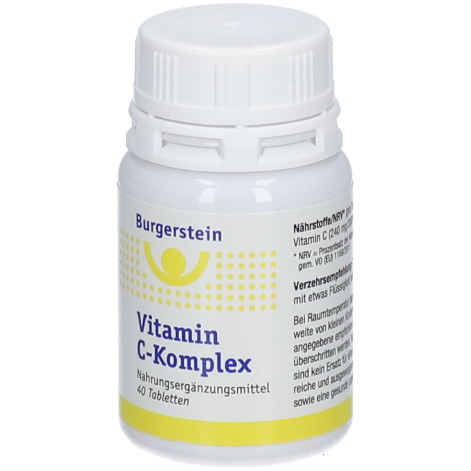 Weiße Flasche mit Schraubverschluss. Aufkleber mit gelbem Streifen und Text: Vitamin C-Komplex, 40 Tabletten.