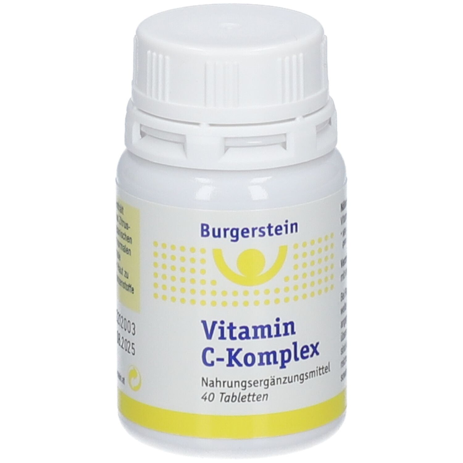 Weiße Flasche mit Schraubverschluss. Aufkleber mit gelbem Streifen und Text: Vitamin C-Komplex, 40 Tabletten.