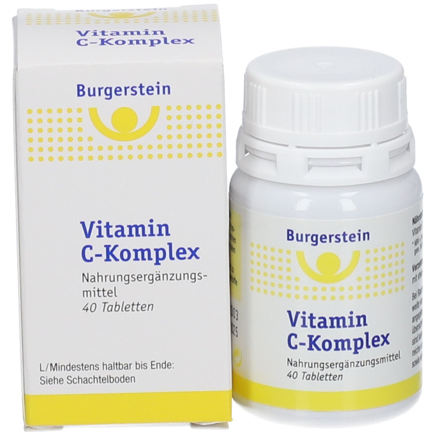 Produktverpackung: Flasche und Schachtel. Aufschrift: Vitamin C-Komplex, 40 Tabletten. Gelber Streifen.