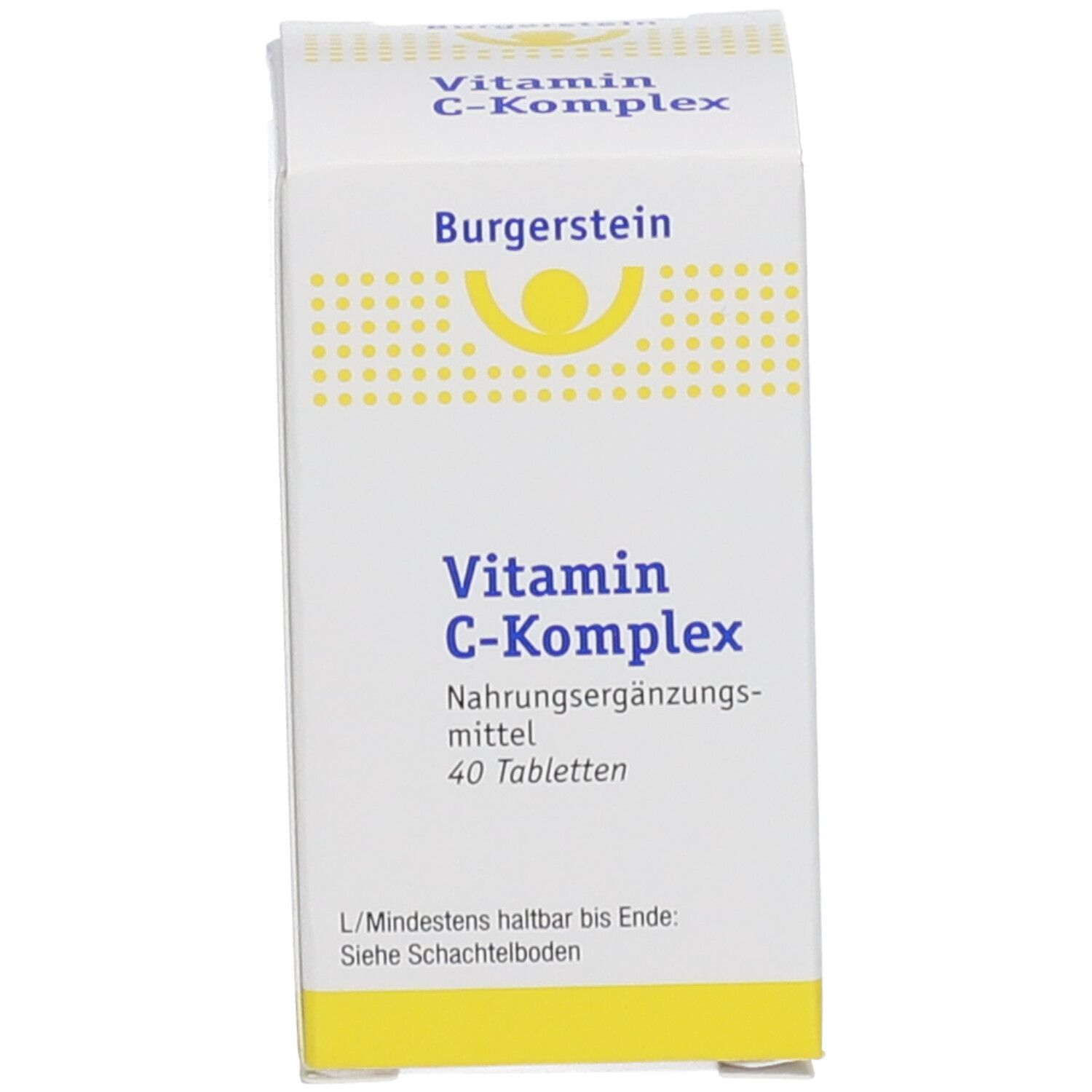 Weiße Schachtel mit gelbem Streifen. Aufschrift: Vitamin C-Komplex, 40 Tabletten. Marke Burgerstein.