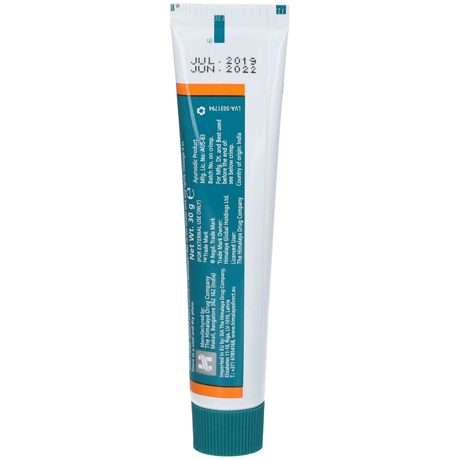 Rückseite der Tube Rumalaya Gel. Weiß, grün und orange. Text und Datumsangaben.