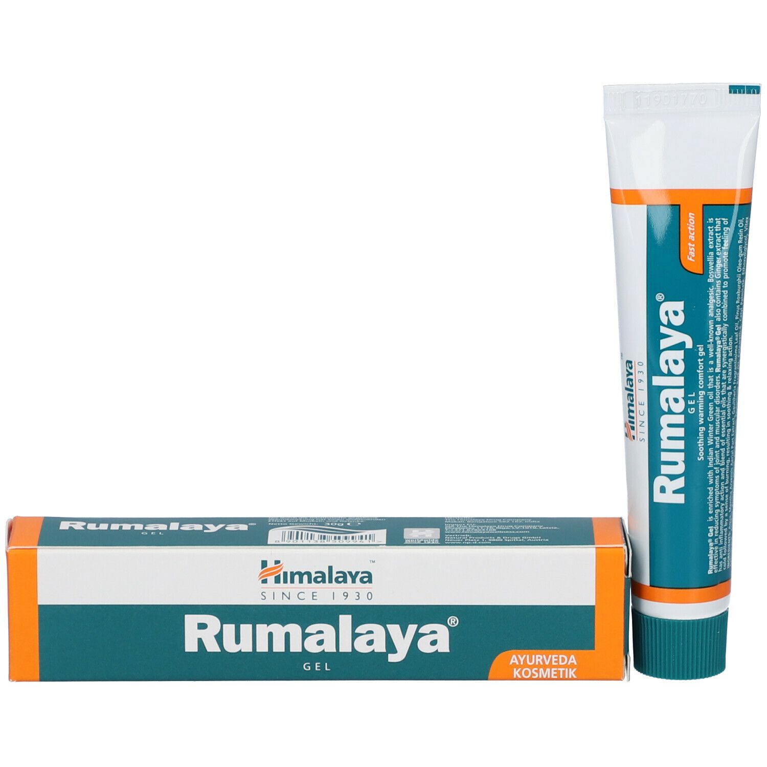 Rumalaya Gel Tube und Schachtel. Weiß, grün und orange. Aufschrift Rumalaya Gel und Himalaya. Ayurveda Kosmetik.