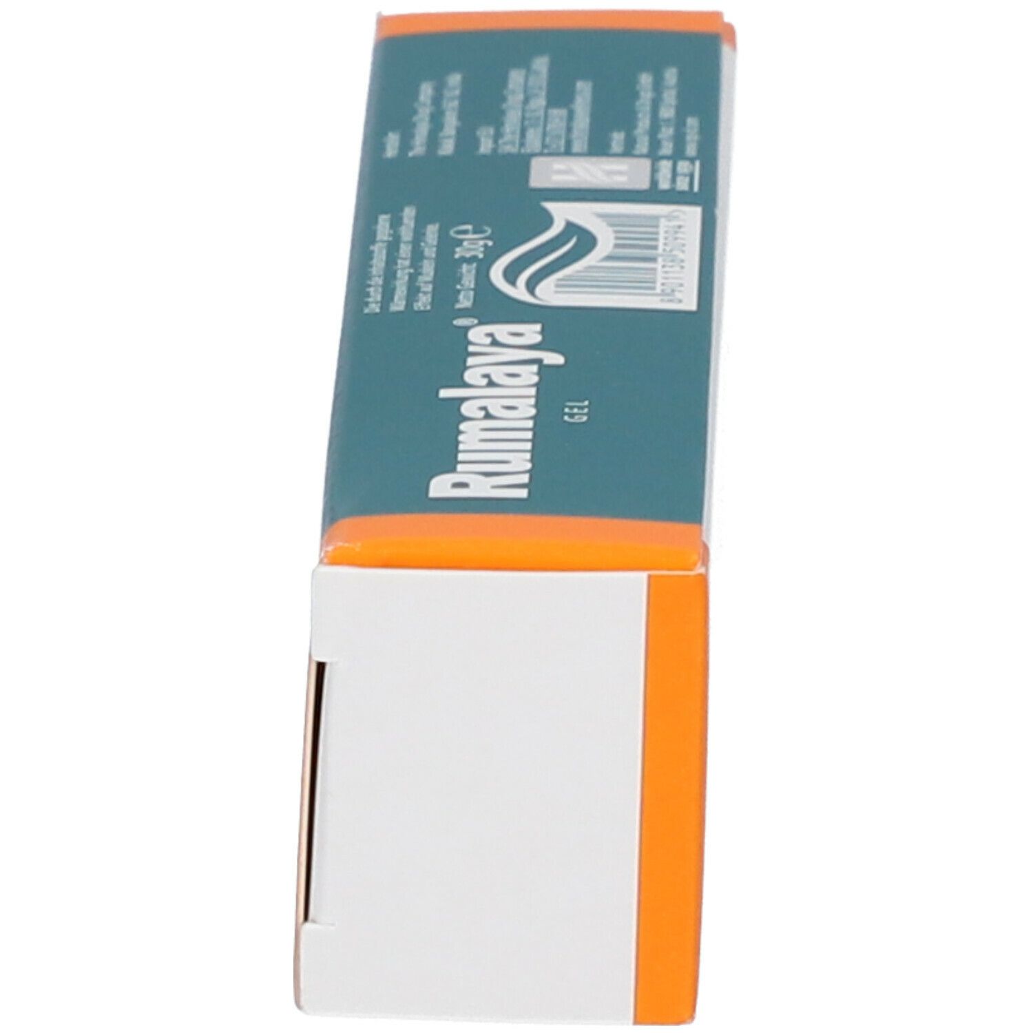 Schachtel Rumalaya Gel, grün, orange und weiß. Aufschrift Rumalaya Gel. Text und Barcode.