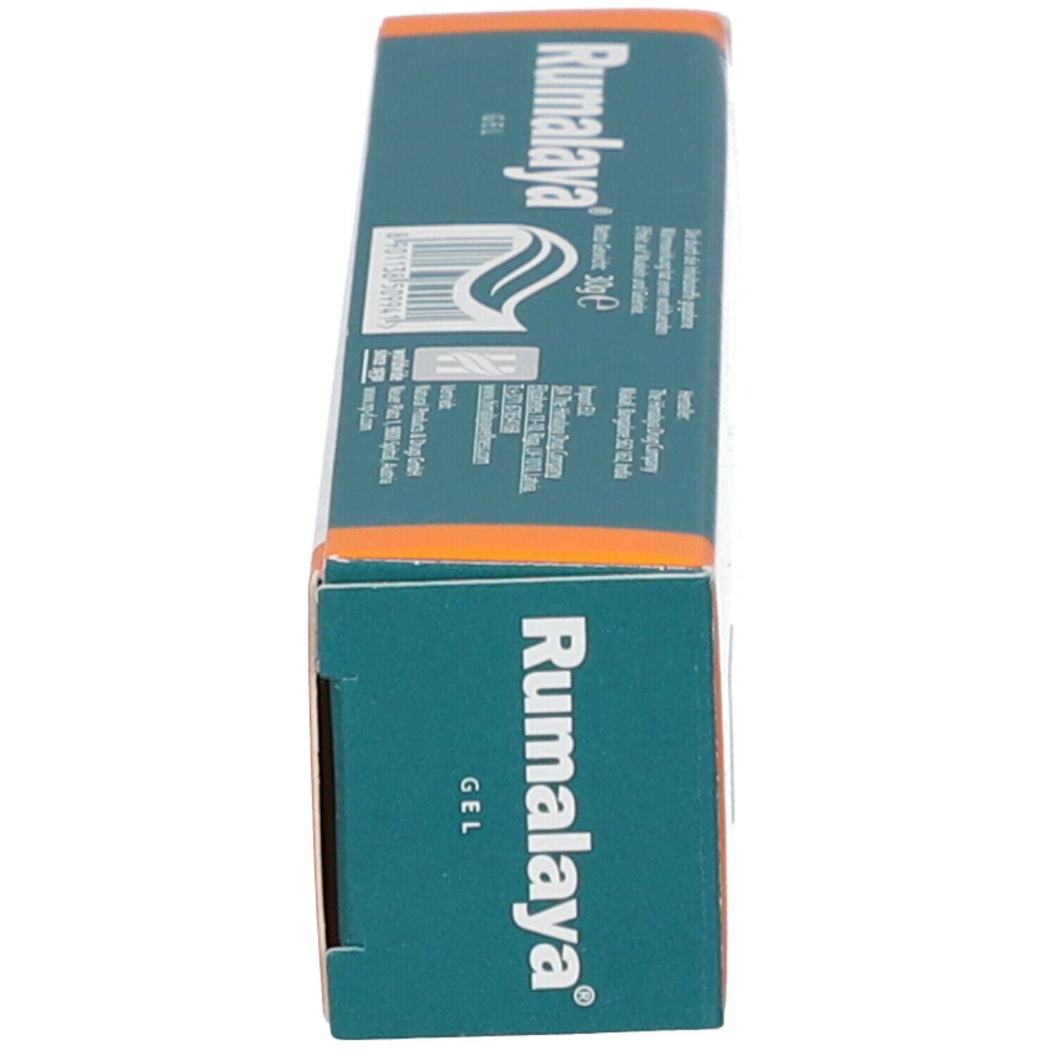 Schachtel Rumalaya Gel, grün, orange und weiß. Aufschrift Rumalaya Gel. Text und Barcode.