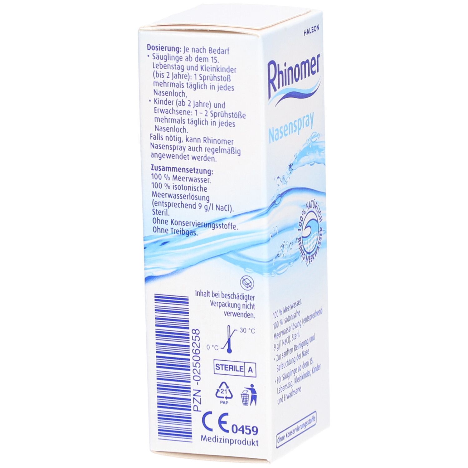 Rhinomer Nasenspray-Verpackung, Seitenansicht. Weißer Karton mit Text. Text: Dosierung, Zusammensetzung, Steril A, CE 0459.