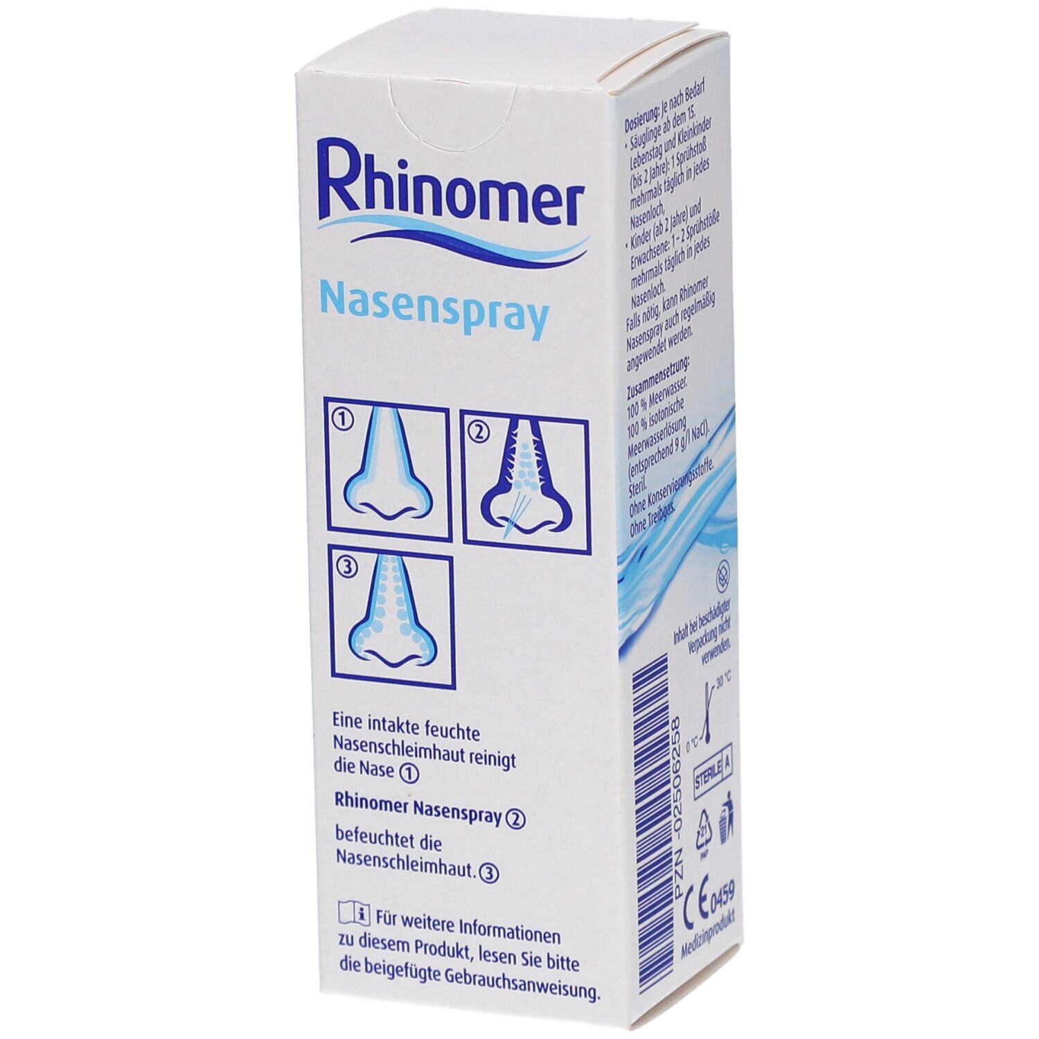 Rhinomer Nasenspray-Verpackung, Seitenansicht. Weißer Karton mit Text und Nasen-Illustrationen. Text: Rhinomer, Nasenspray.