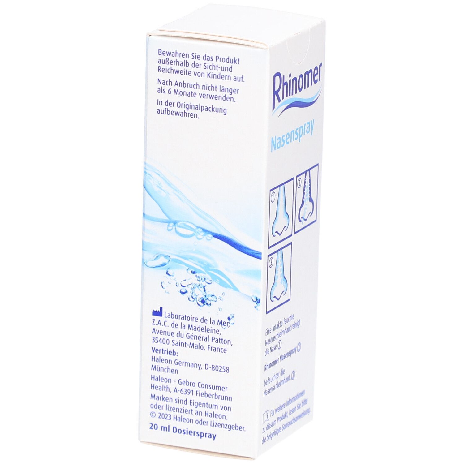 Rhinomer Nasenspray-Verpackung, Seitenansicht. Weißer Karton mit Text. Text: Rhinomer, 20 ml Dosierspray, Laboratoire de la Mer.