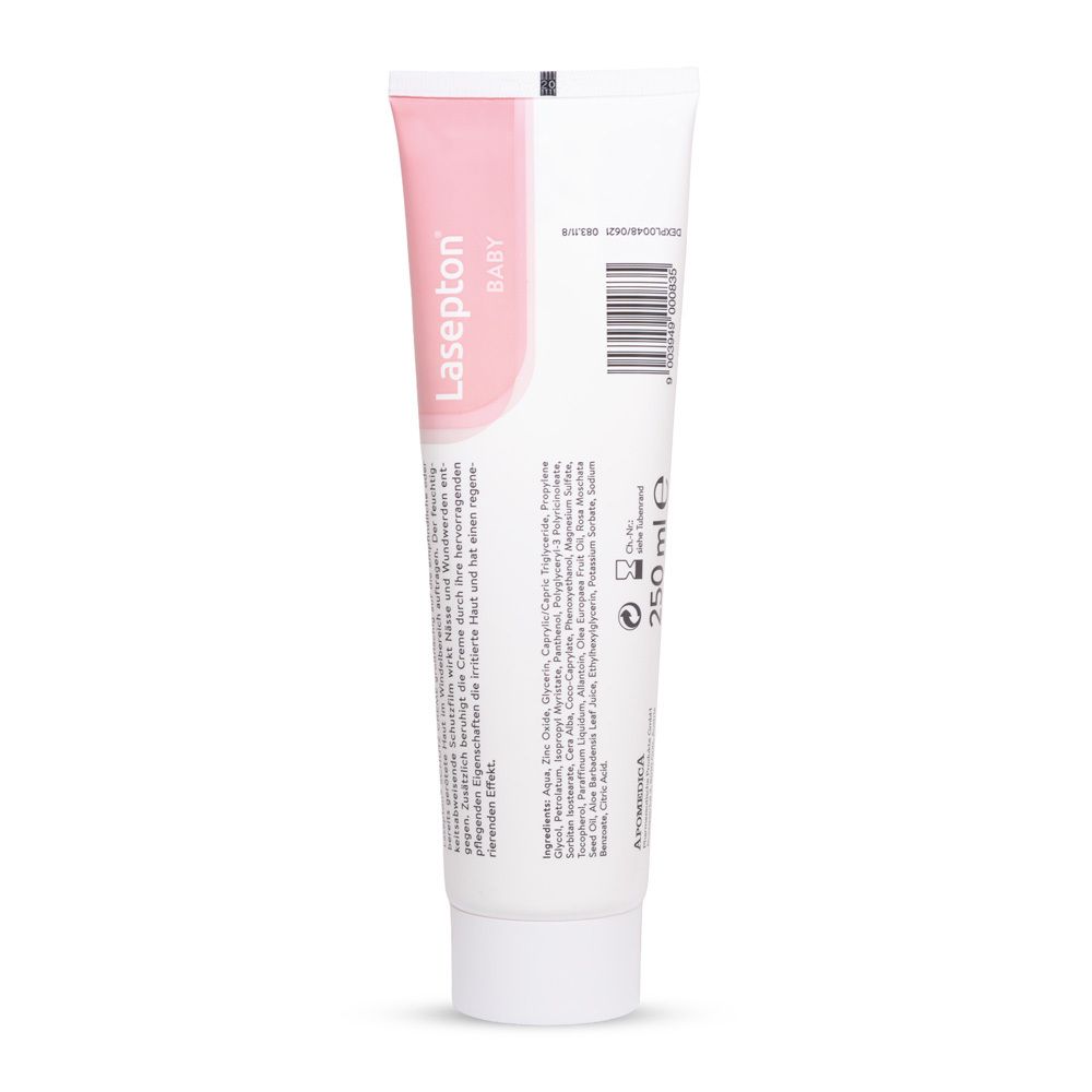 Rückseite der Lasepton Baby Schutz-Creme Tube mit Inhaltsstoffen und Barcode. 250 ml.