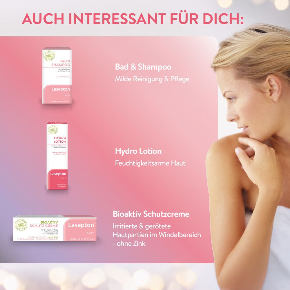 Vergleich von Lasepton Baby Produkten: Bad & Shampoo, Hydro Lotion, Bioaktiv Schutzcreme. Frau im Hintergrund.