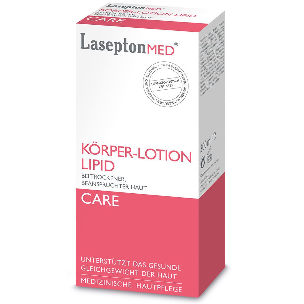Körperlotion-Verpackung. Haupttext: KÖRPER-LOTION LIPID. Rote und weiße Farbgebung. Dermatologisch getestet.