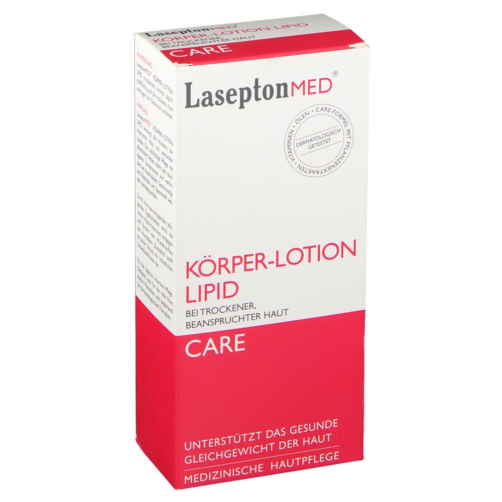 Körperlotion-Verpackung. Haupttext: KÖRPER-LOTION LIPID. Rote und weiße Farbgebung. Dermatologisch getestet.