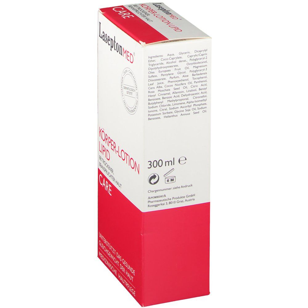 Körperlotion-Verpackung. Haupttext: KÖRPER-LOTION LIPID. Rote und weiße Farbgebung. 300ml. Dermatologisch getestet.